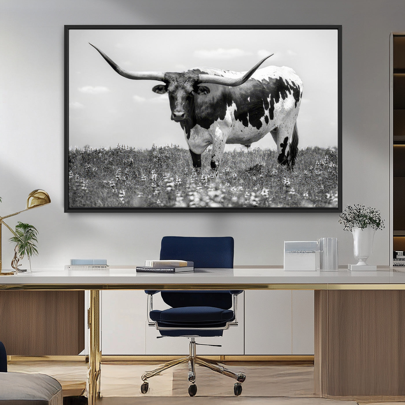94709-MGV-FC-36X24_Black-Texas Black White Highland Longhorn Cow Wall Art Canvas Print