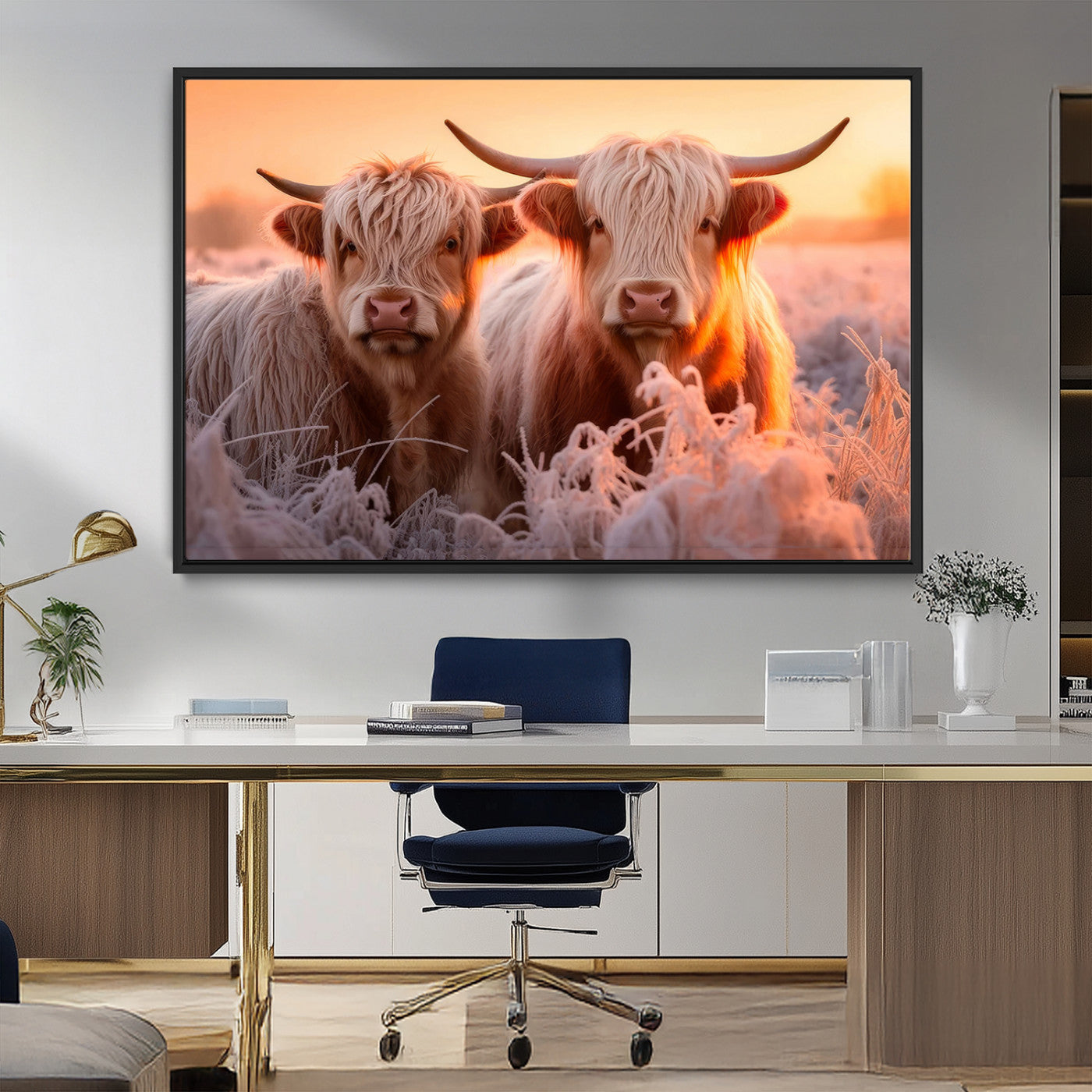 68253-MGV-FC-36X24_Black-Highland Cows at Sunrise Wall Art Canvas Set – Serene and Rustic Farmhouse Decor