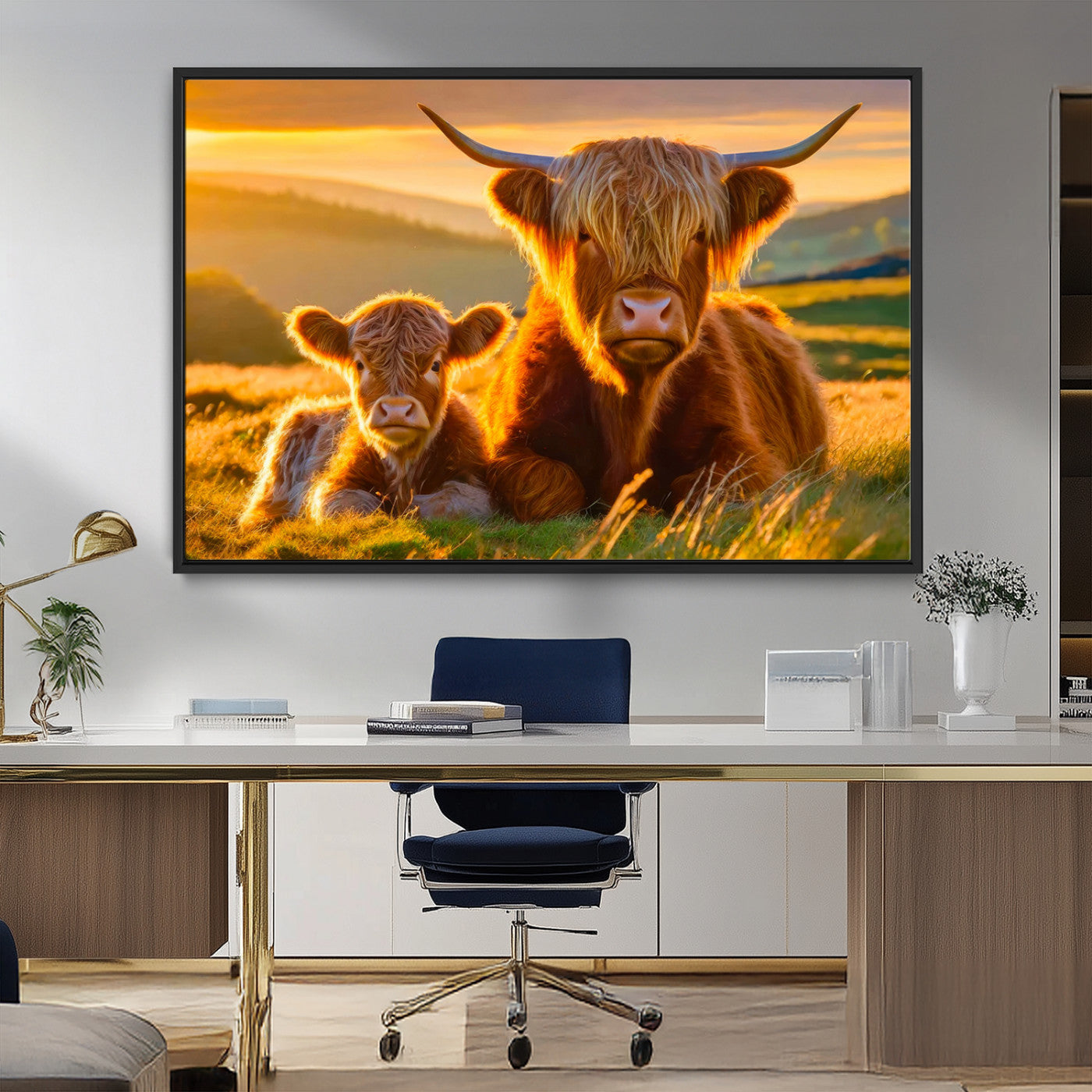 20567-MGV-FC-36X24_Black-Scottish Cow and Baby Cow Canvas Wall Art Animal Print Fluffy Cattle Framed Farmhouse Decor
