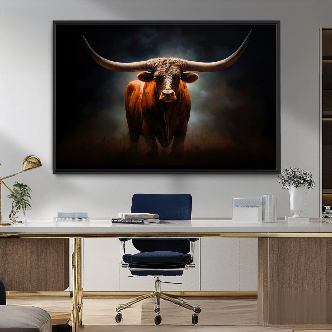 MGV-FC-36X24 - Abstract Texas Longhorn Wall Art Print | 3-Panel Large Texas Longhorn Canvas Print for Living Room, Office  Farmhouse Decor | Framed Longhorn Wall Art