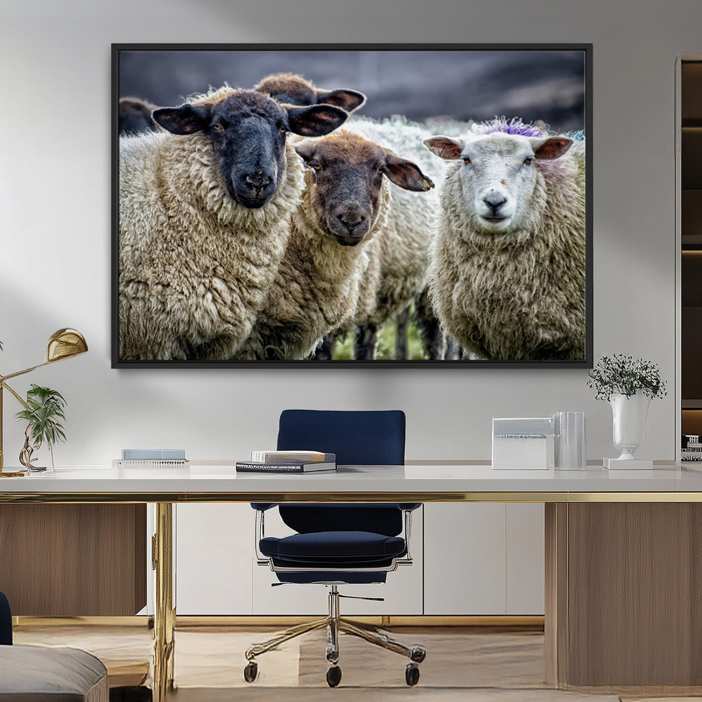 -Charming Sheep Portrait Wall Art – Trio of Woolly Companions Canvas Print, Framed, Ready to Hang
