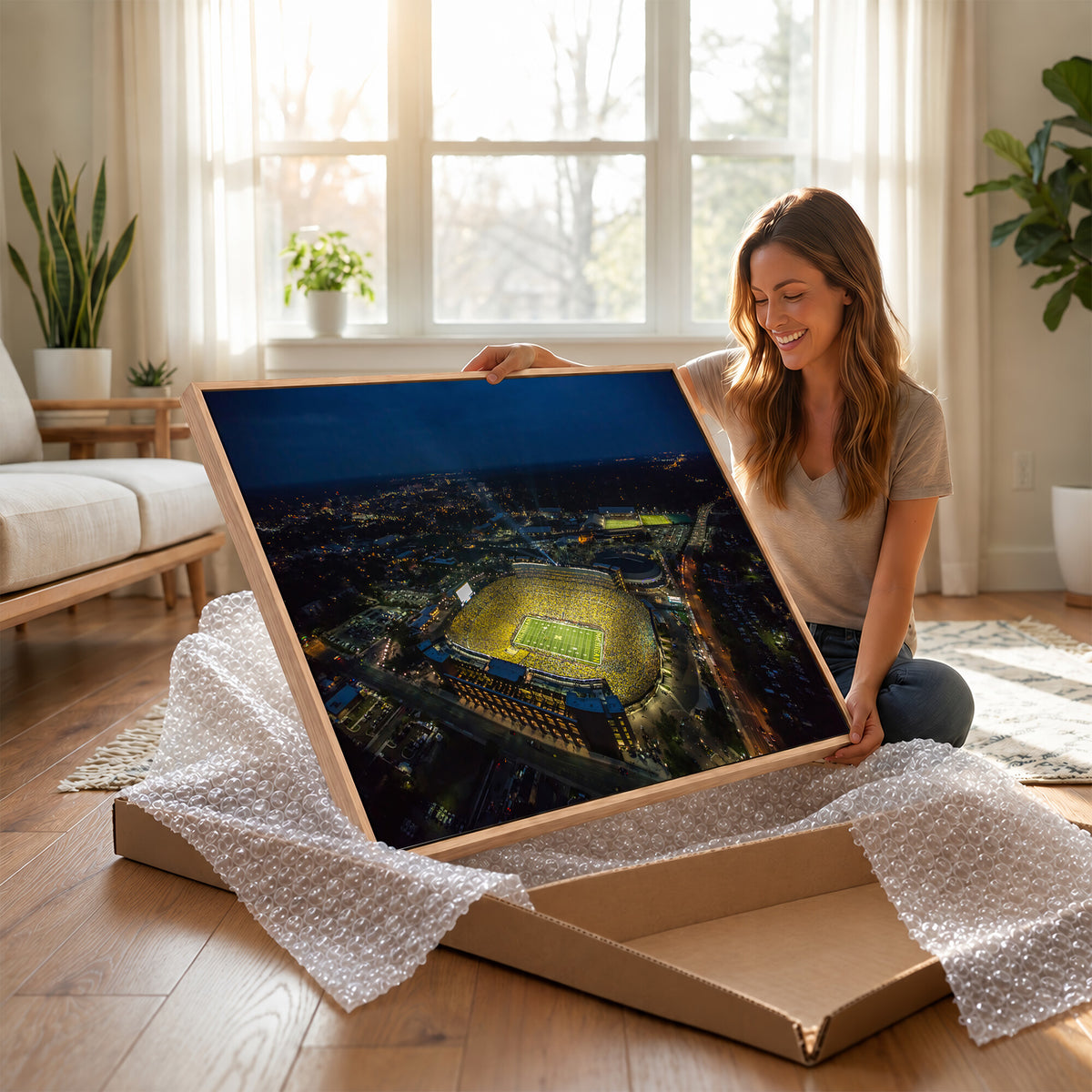 33588-MGV-CV-36X24 - Michigan Stadium Night Game Wall Art | Sports Arena Aerial View Canvas
