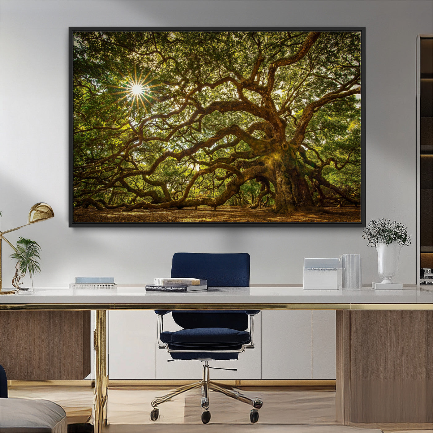 MGV-FC-36X24 - Ancient Angel Oak Tree Art Sunburst Canvas Print- Nature-Inspired Triptych Canvas Print, Framed, Ready to Hang