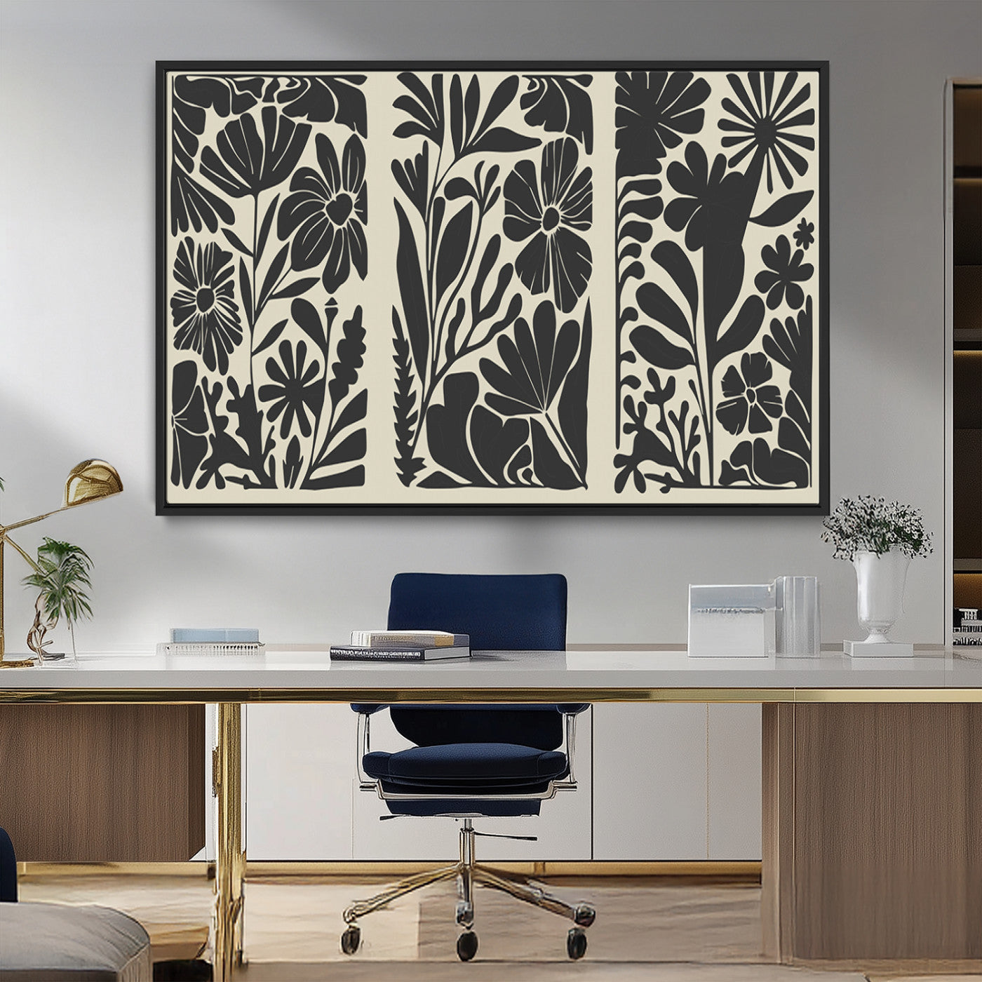 MGV-FC-36X24 - Modern Botanical Wall Art - Floral Black and White Canvas Print, Framed, Ready to Hang