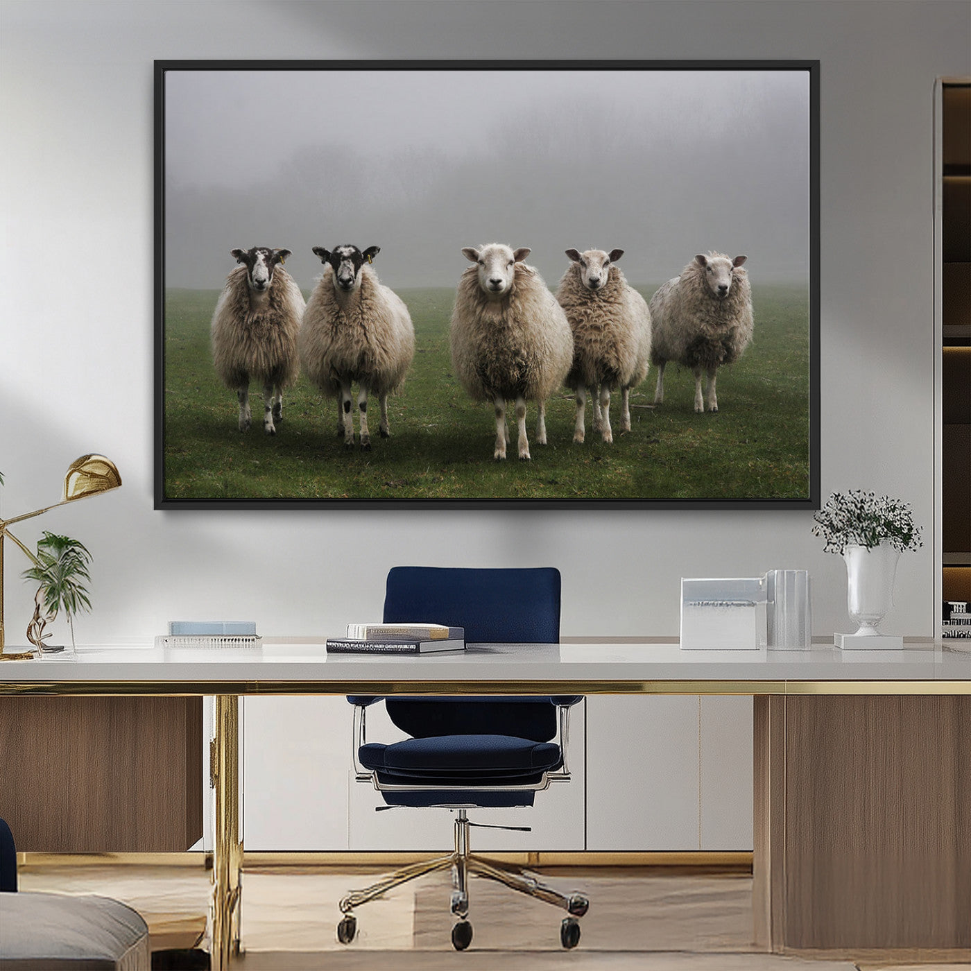 87339-MGV-FC-36X24_Black-Flock of Sheep in a Mystical Fog – Pastoral Wall Art Canvas Print, Framed, Ready to Hang