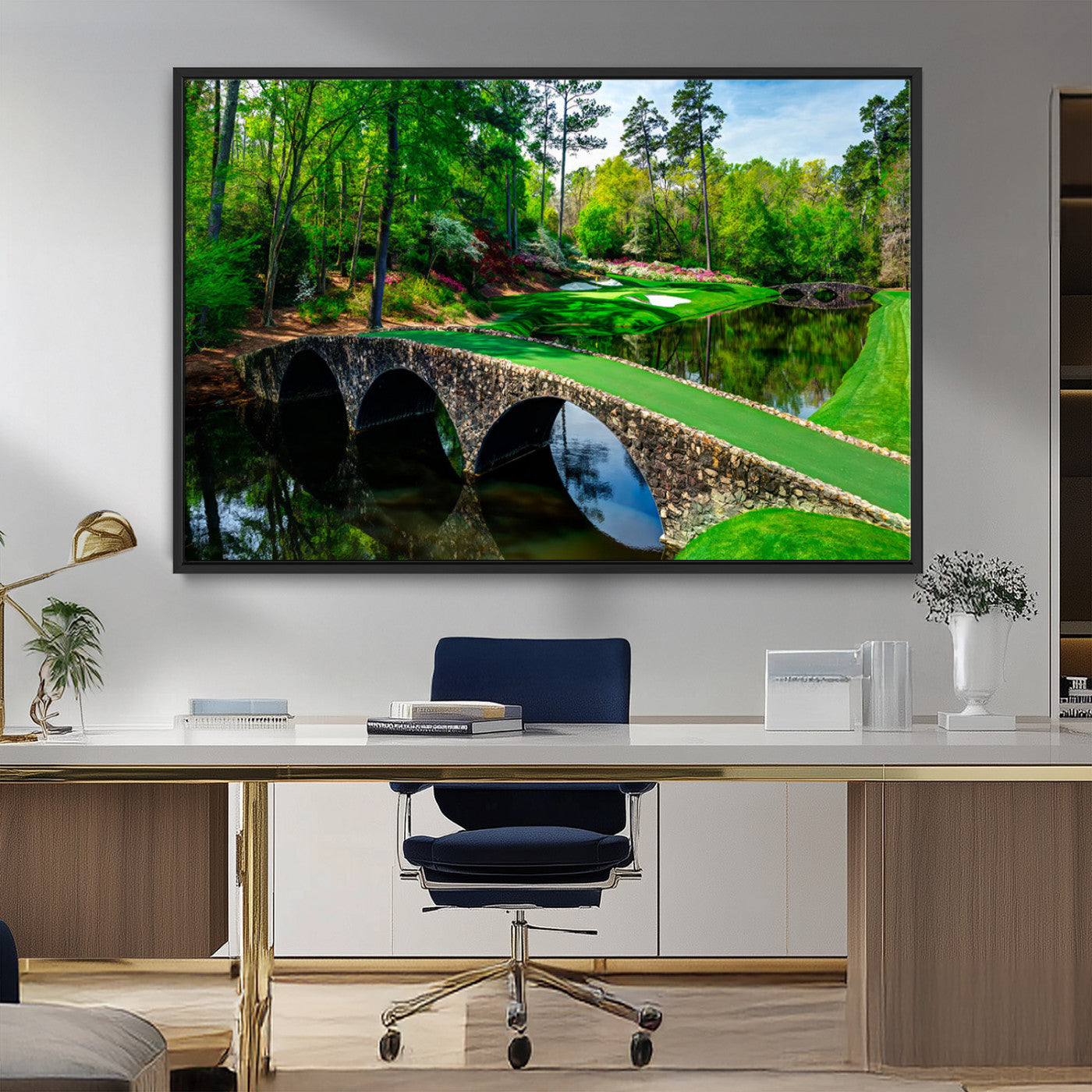MGV-FC-36X24 - Augusta National Golf Club Wall Art - Panoramic Bridge & Lush Greenery – Premium Framed, Ready-to-Hang Triptych Canvas