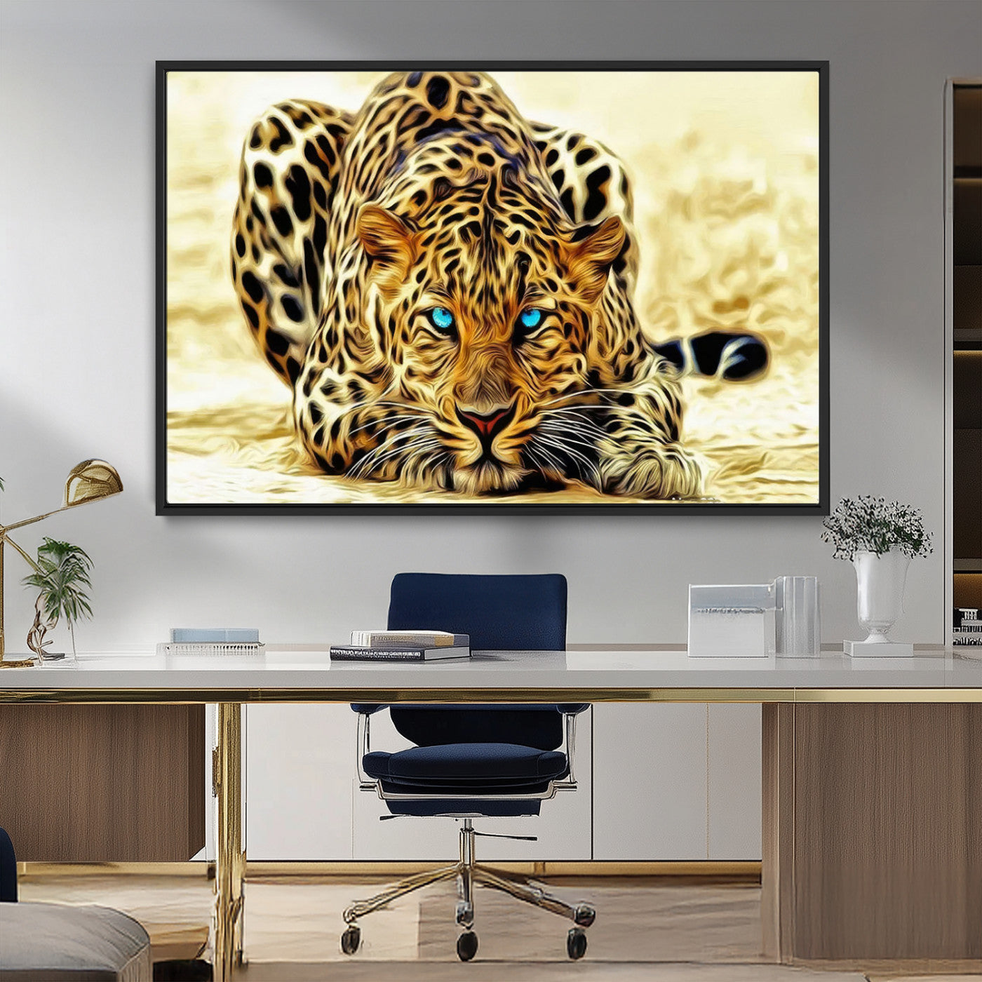 45281-MGV-FC-36X24_Black-Blue-Eyed Leopard Canvas Wall Art - Framed Animal Print Ready to Hang - Fierce and Bold Decor for