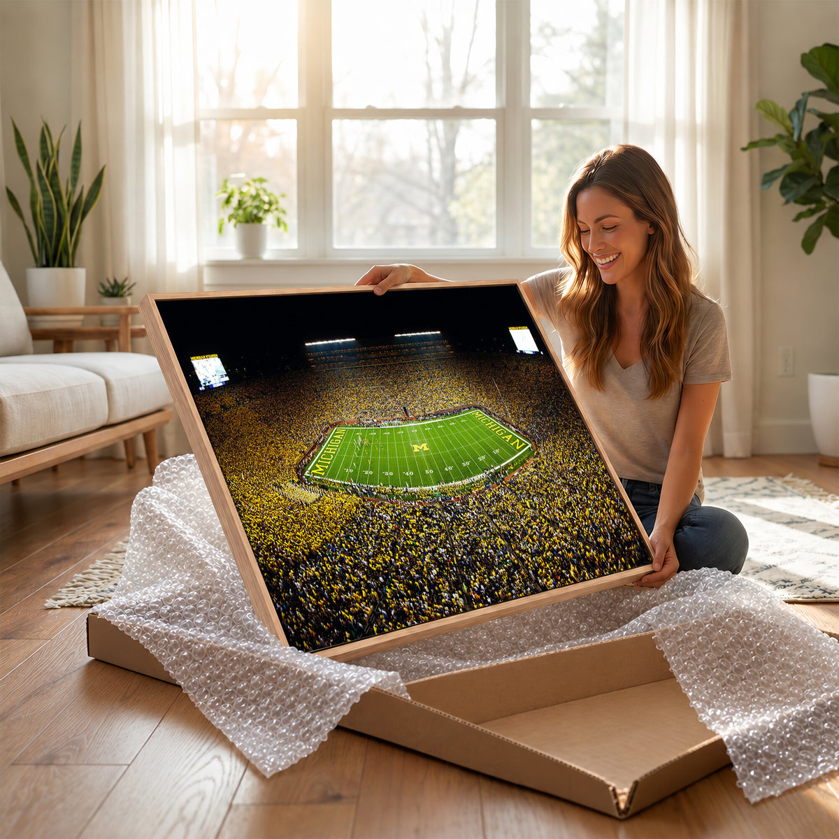 26166-MGV-CV-36X24 - Stadium in Michigan Wall Art Canvas Print, Framed American Football Stadium Art