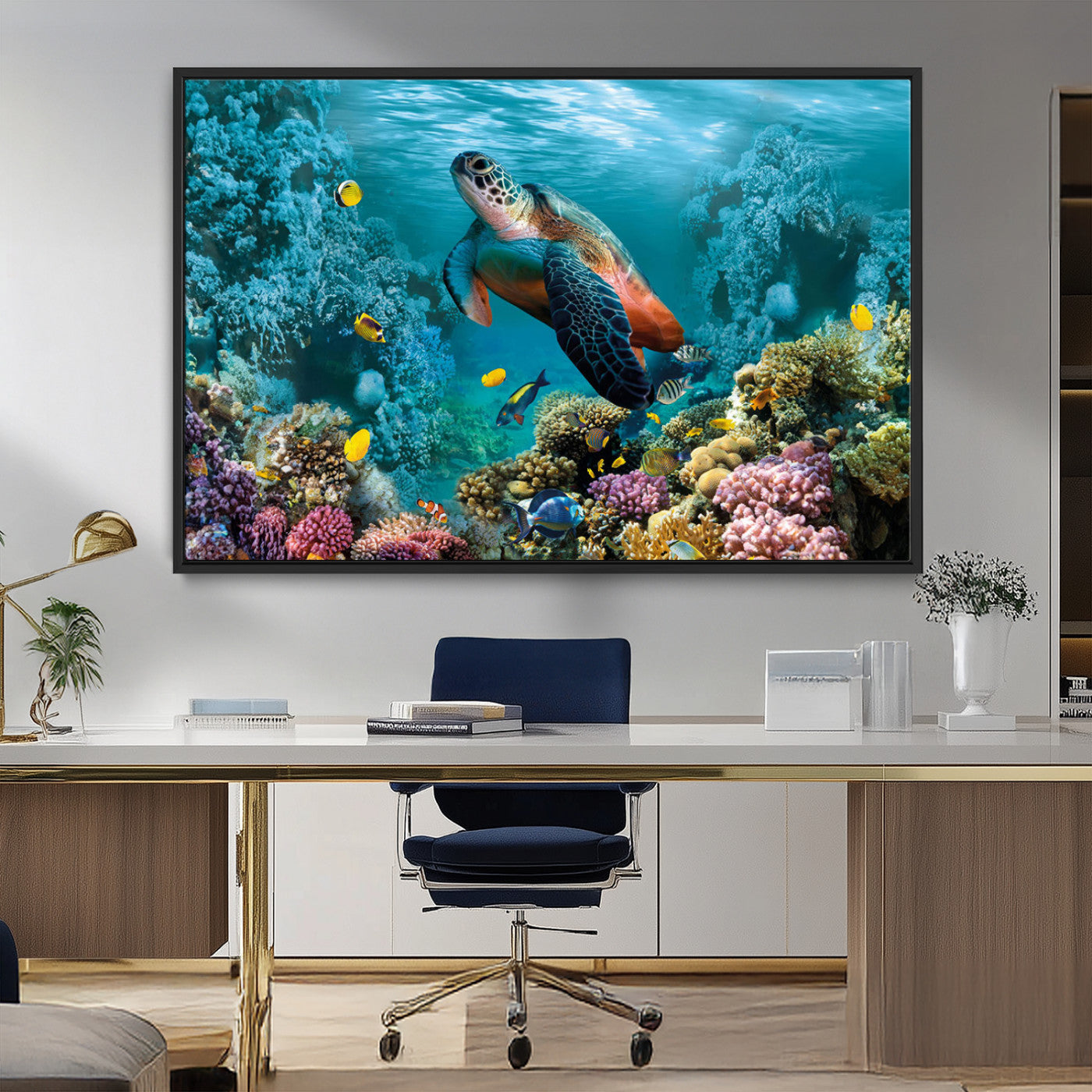 MGV-FC-36X24 - Sea Turtle and Coral Reef Triptych Wall Art – Vibrant Underwater Scene Canvas Set for Ocean Lovers and Coastal Decor – Ready to Hang 3-Panel Artwork