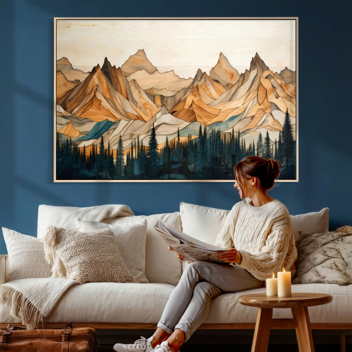 31576-MGV-CV-36X24 - Geometric Wood Mountain Landscape Wall Art Canvas Print, Rustic Forest Painting Print