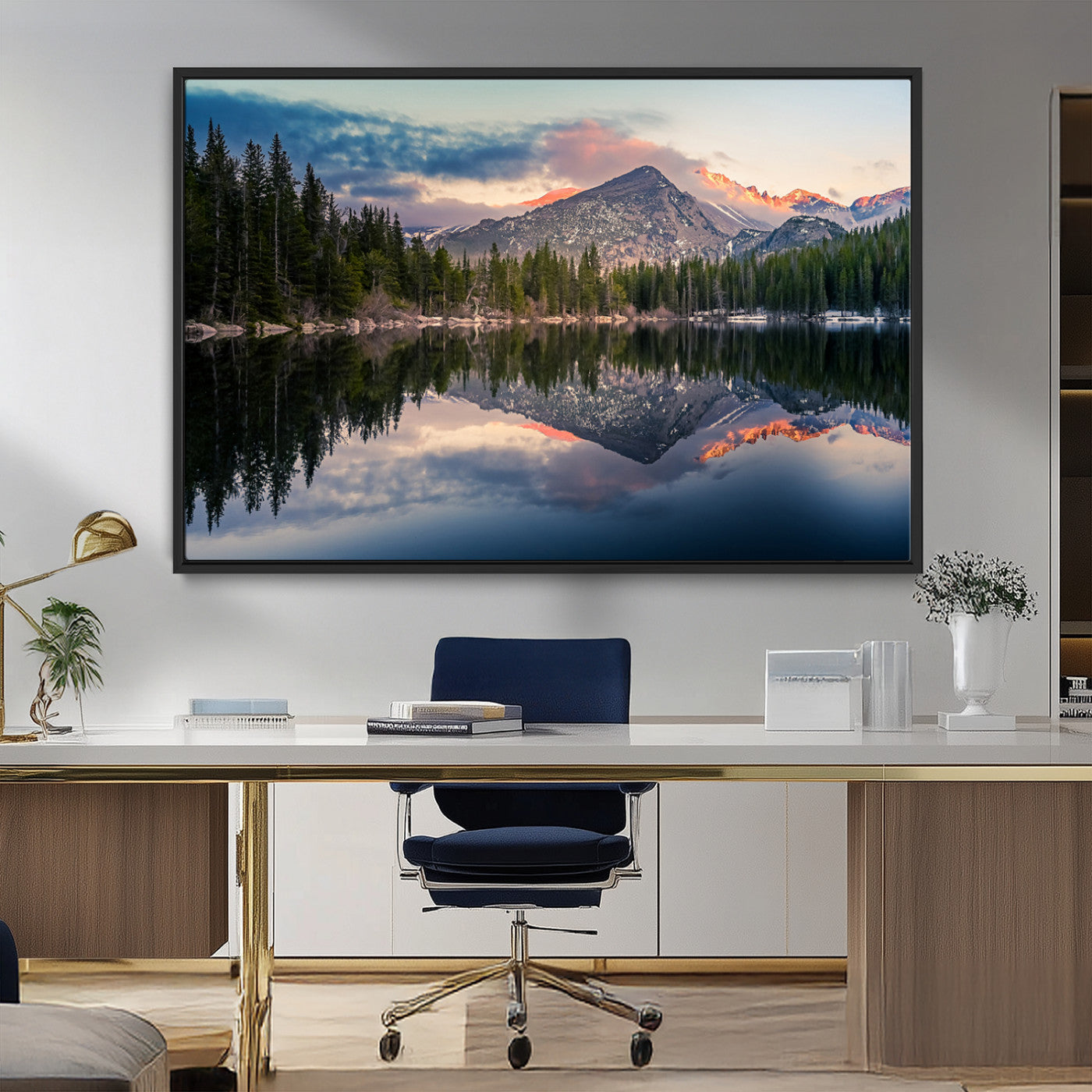 -Bear Lake Reflection at Rocky Mountain National Park Wall Art Canvas Print, Scenic Mountain