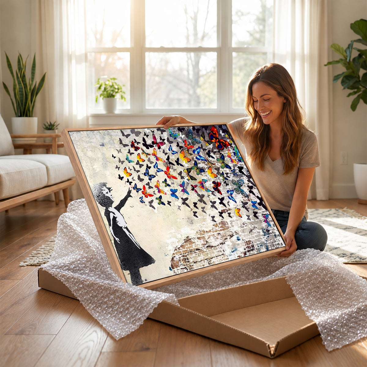 97895-MGV-CV-24X16 - Banksy Graffiti Wall Art Canvas Print, Girl Releasing Vibrant Butterflies