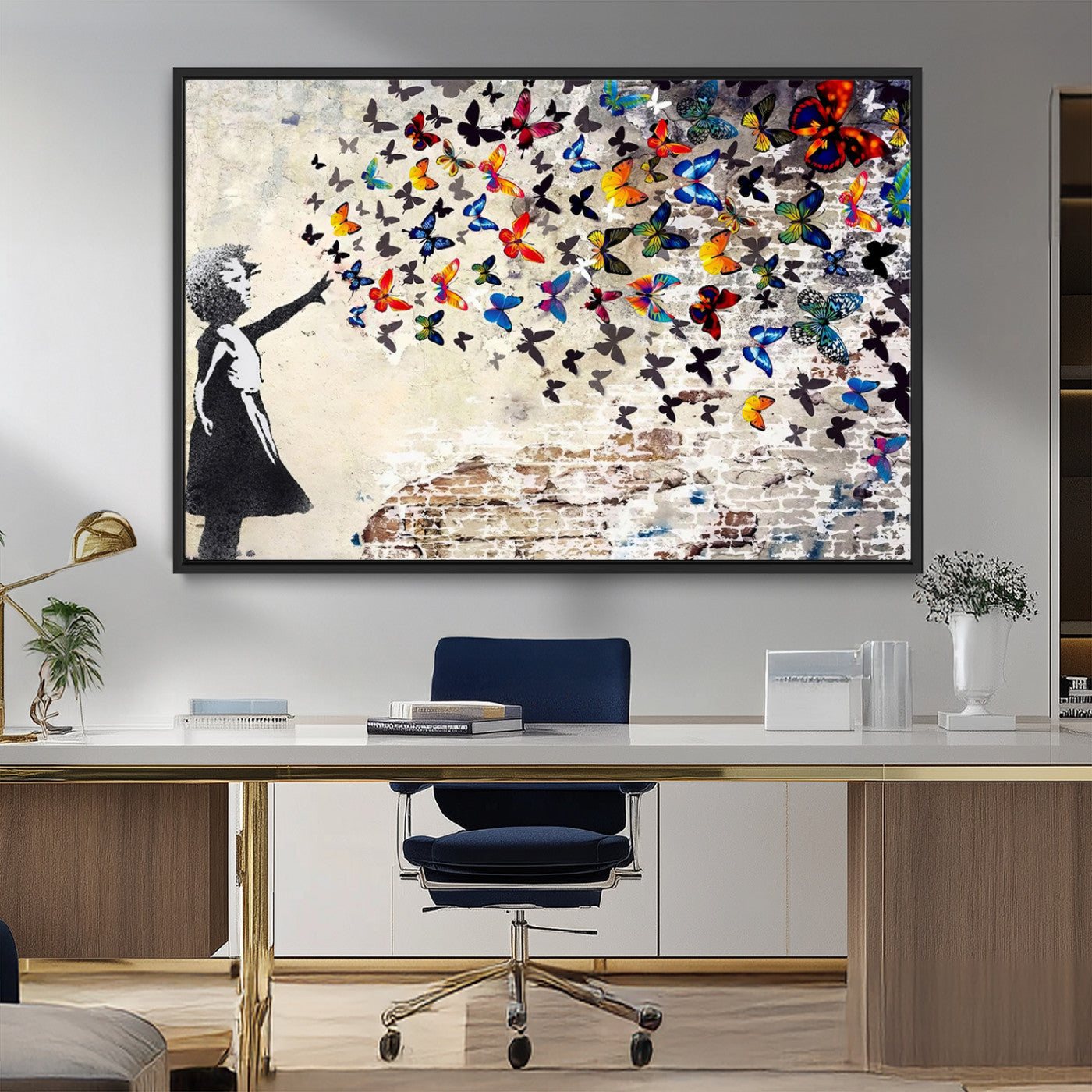 MGV-FC-36X24 - Banksy Graffiti Wall Art Canvas Print: Girl Releasing Vibrant Butterflies – Ready to Hang