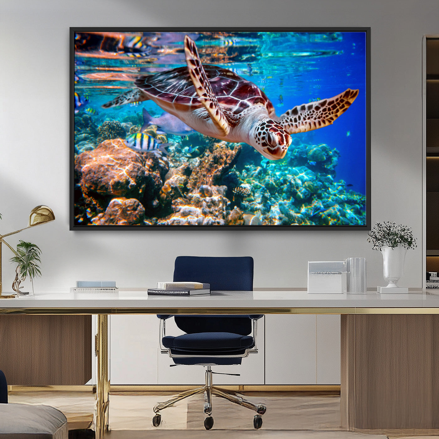 MGV-FC-36X24 - Underwater Coral Reef Sea Turtle Wall Art Canvas Print, Vibrant Marine Life | Colorful Ocean Scene