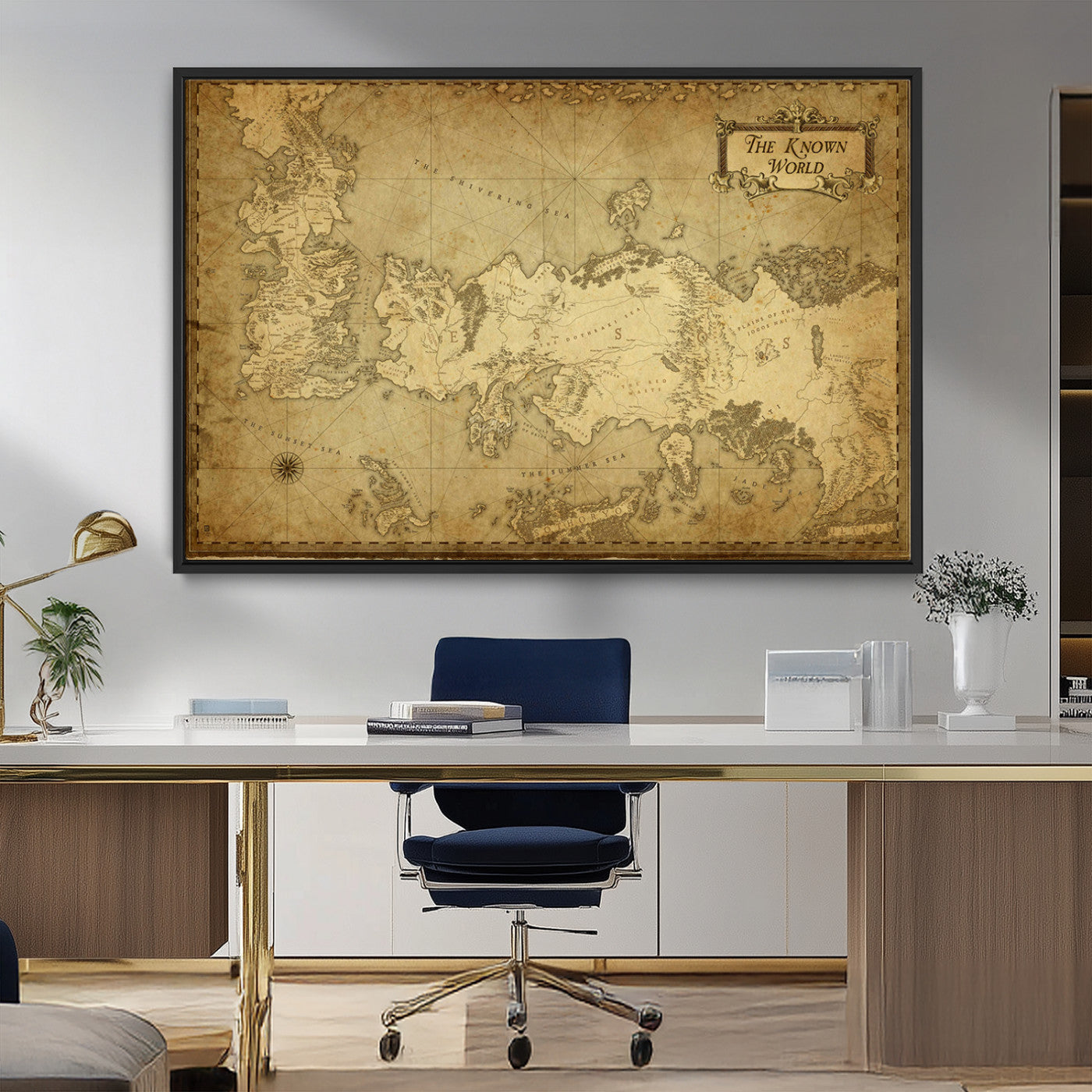MGV-FC-36X24 - Vintage Game of Thrones Map Wall Art | Westeros and Essos Antique Style Print | The Known World in Triptych Canvas | Giclee Canvas for Fantasy Lovers