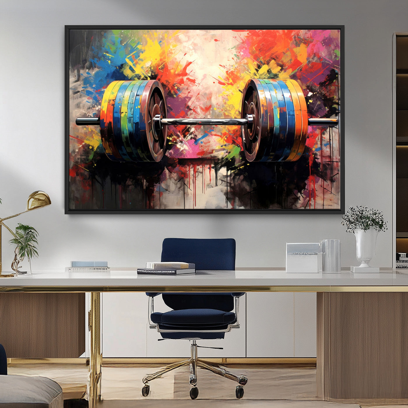 MGV-FC-36X24 - Weightlifting Barbell Art Triptych, Bold Abstract Fitness Wall Decor for Gym or Home, Giclee Canvas Print
