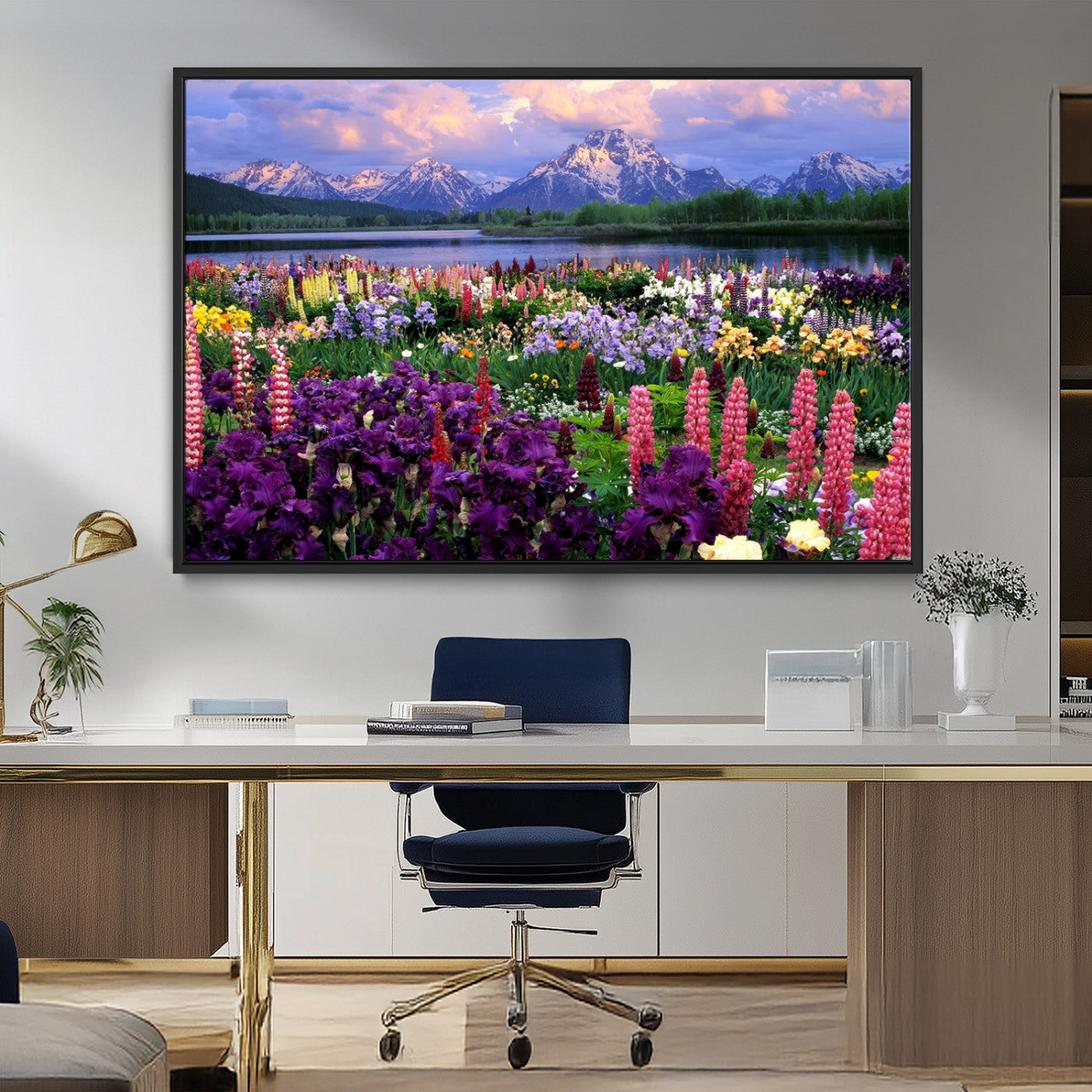 MGV-FC-36X24 - Vibrant Wildflower Garden and Mountain View Giclee Canvas Print | Floral Wall Art for Living Room