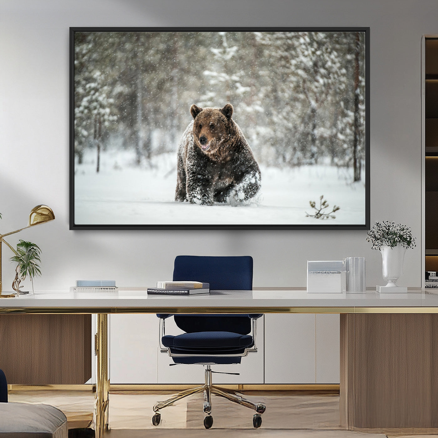 MGV-FC-36X24 - Wall Art Canvas Print – Grizzly Bear in Snowy Forest Powerful Presence Snowy Wilderness Wild Beauty