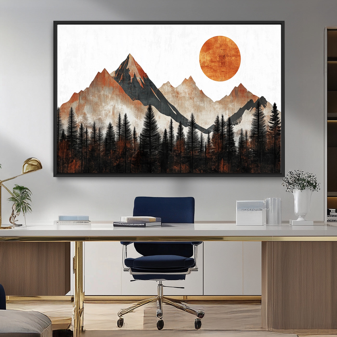 MGV-FC-36X24 - Modern Abstract Mountain Canvas Wall Art Print, Abstract Landscape Print, Rustic Sun and Mountains