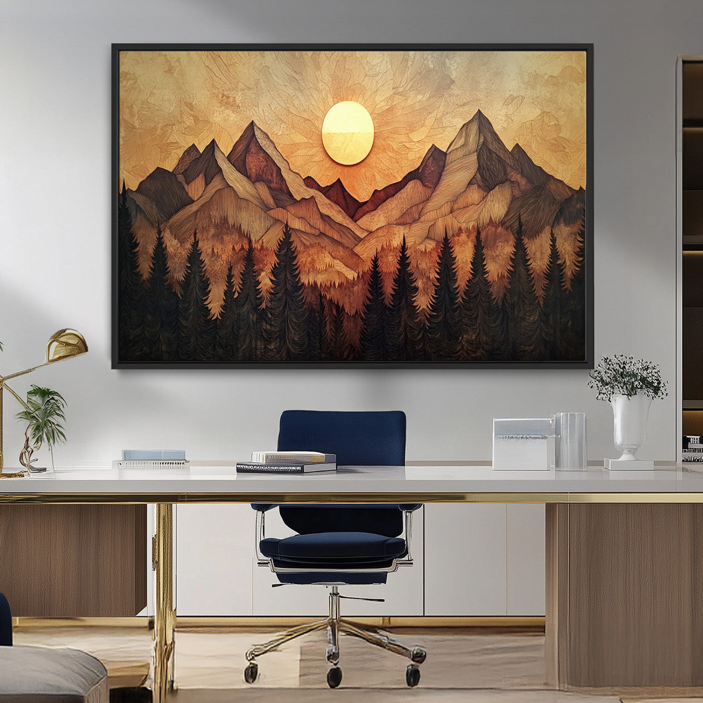 MGV-FC-36X24 - Wood Style Abstract Mountain Sunset Canvas Wall Art Print - Warm Earth Nature-Inspired Decor for