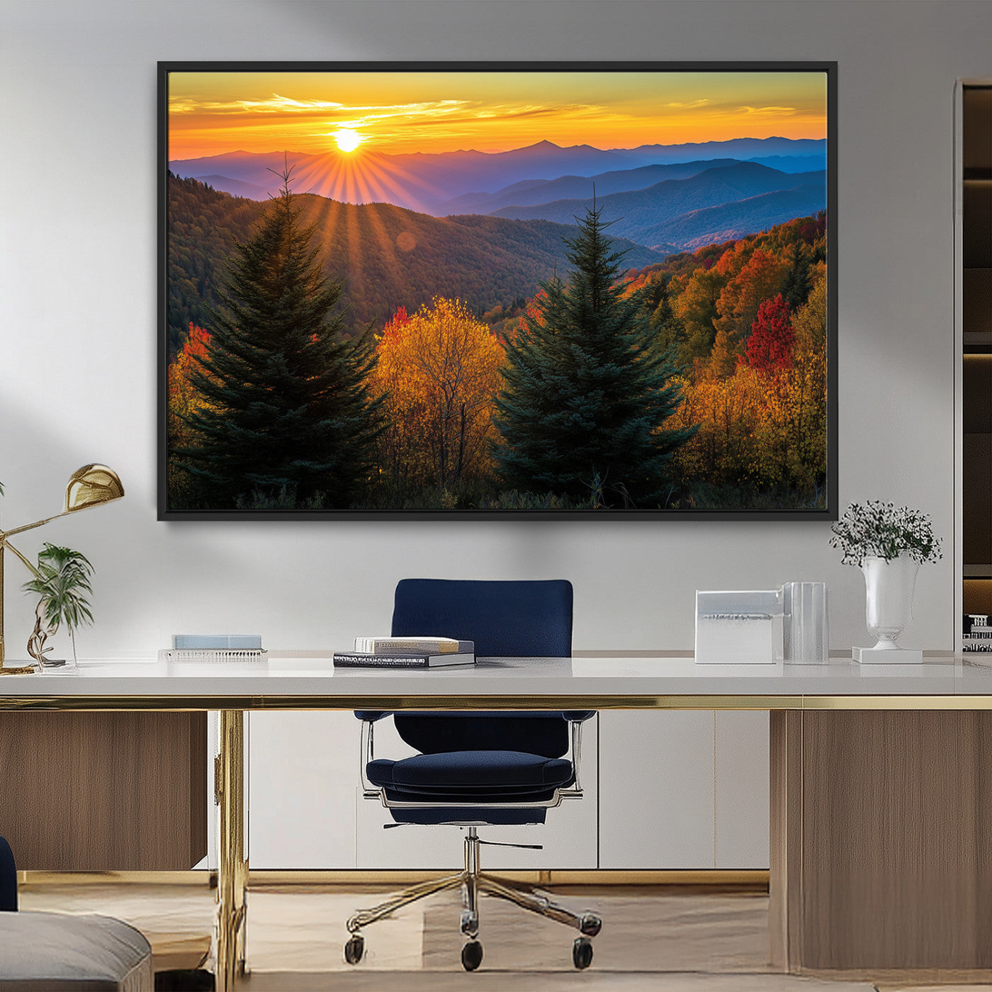 MGV-FC-36X24 - Golden Sunset Over Mountain Forest Canvas Wall Art Print - Warm Nature-Inspired Landscape for Living