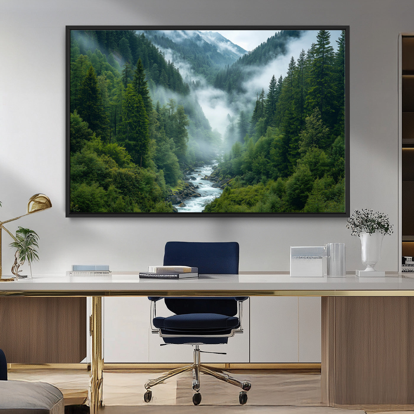 MGV-FC-36X24 - Mountain Forest River Canvas Wall Art Print - Serene Nature Landscape for Living Room, Office, or