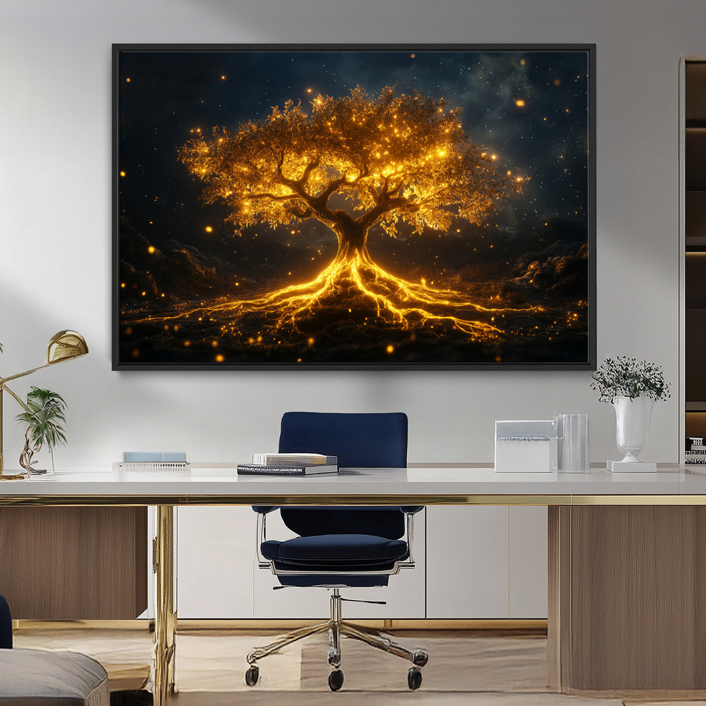 MGV-FC-36X24 - Golden Tree of Life Canvas Wall Art Print - Majestic Glowing Tree Design for Living Room, Office, or