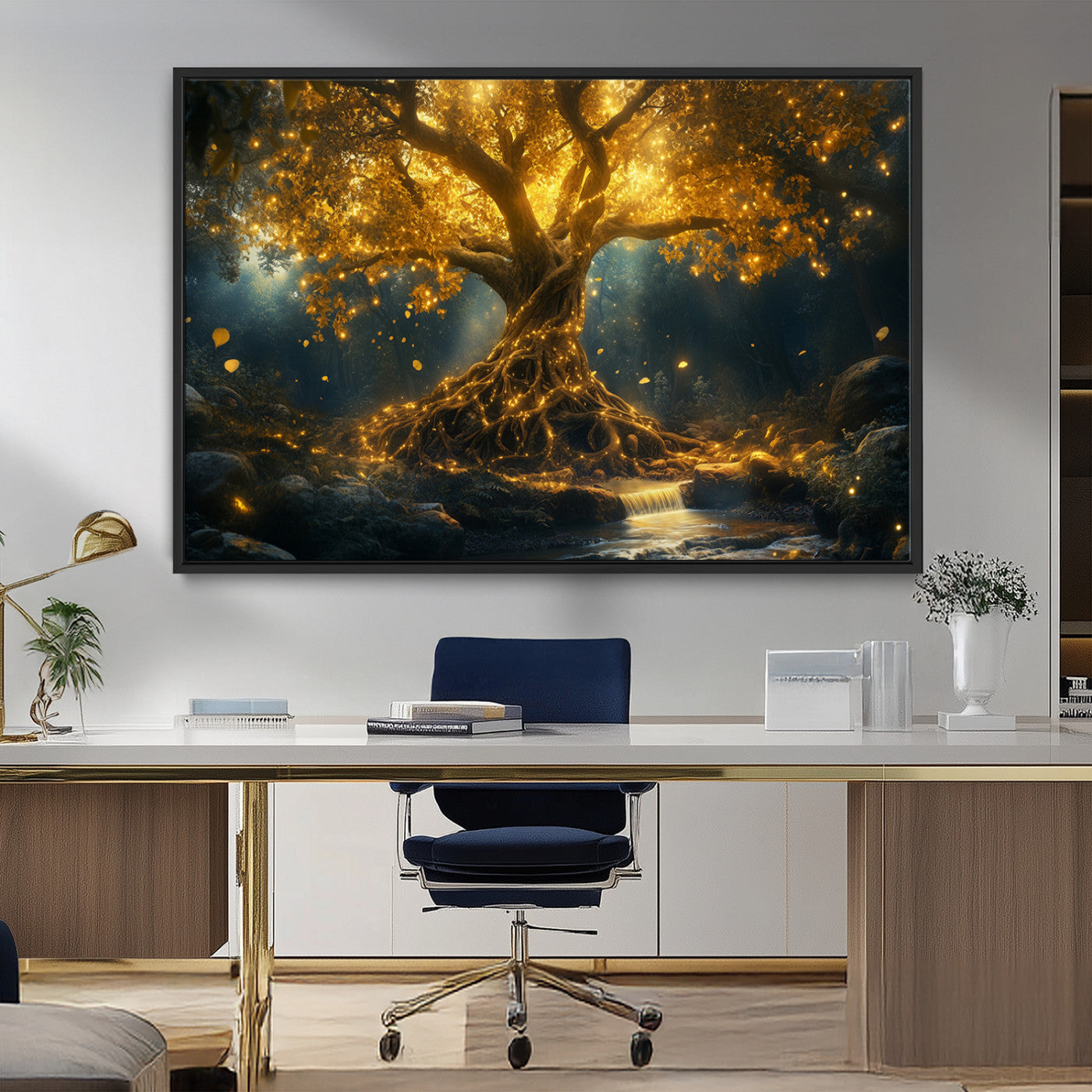 MGV-FC-36X24 - Golden Tree of Life Canvas Wall Art Print - Majestic Glowing Tree Wall Art Print
