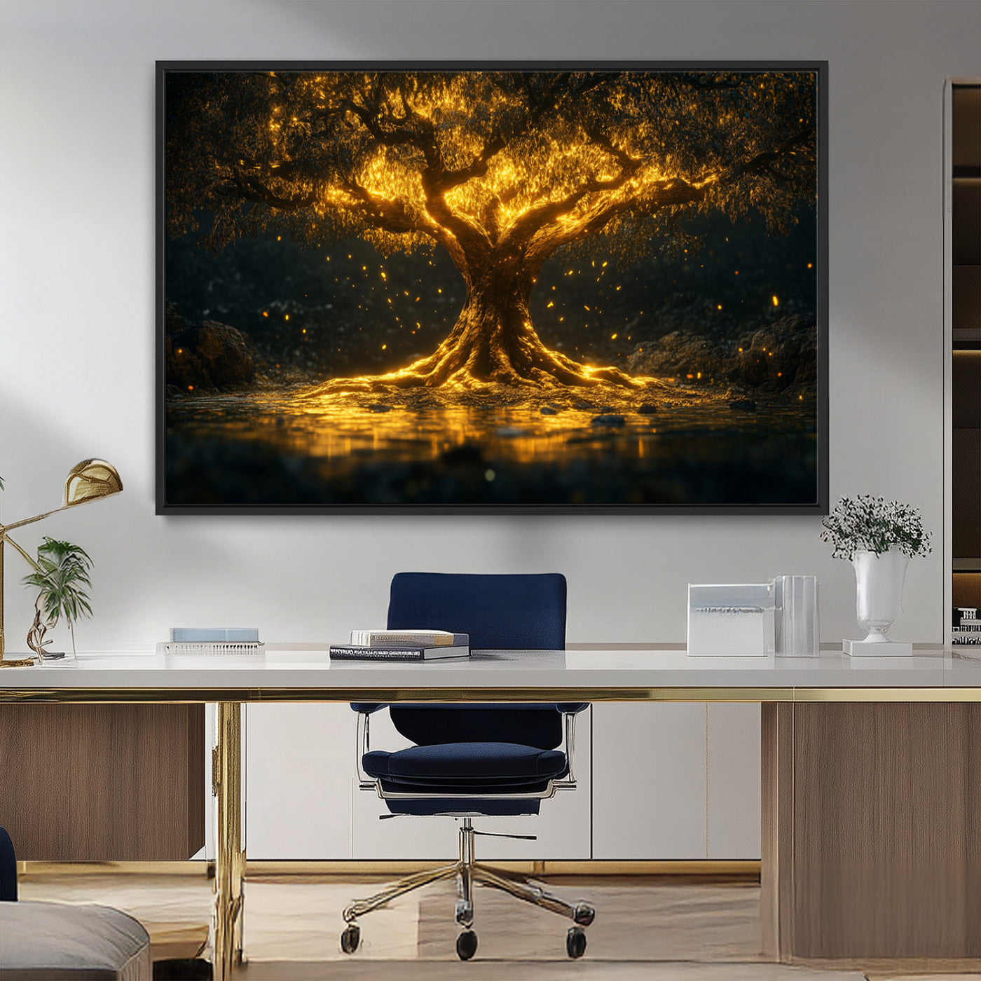 MGV-FC-36X24 - Golden Tree of Life Canvas Wall Art Print - Majestic Glowing Tree Wall Art Print