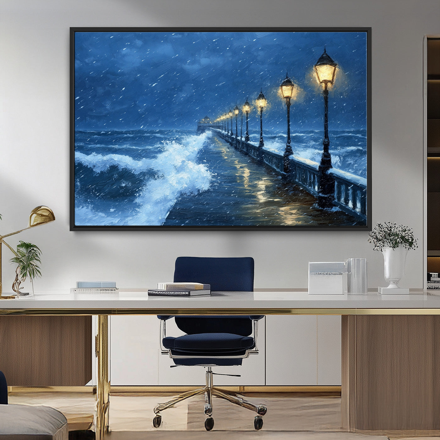 MGV-FC-36X24 - Stormy Ocean Pier Lights Canvas Wall Art Print - Large Moody Night Scene for Living Room, or Office,