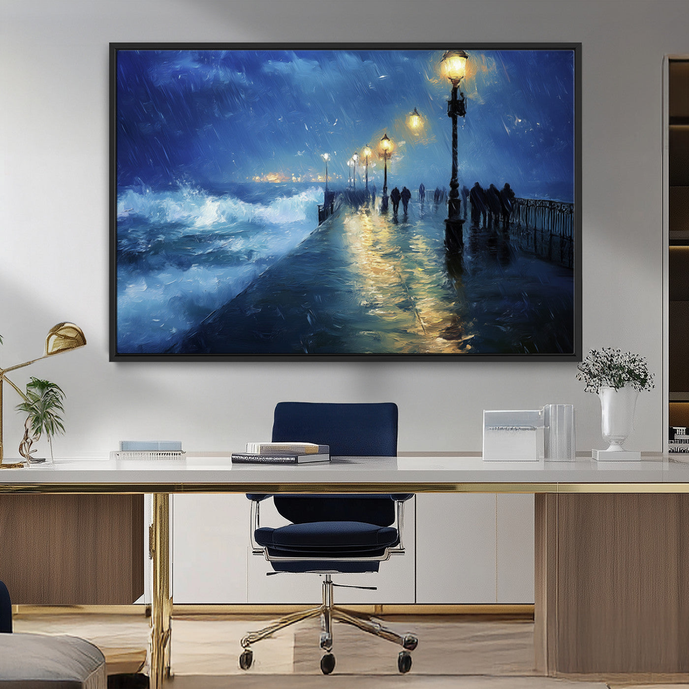 MGV-FC-36X24 - Abstract Stormy Ocean Pier Canvas Wall Art Print | Stormy Ocean Art | Large Moody Night Scene Print,