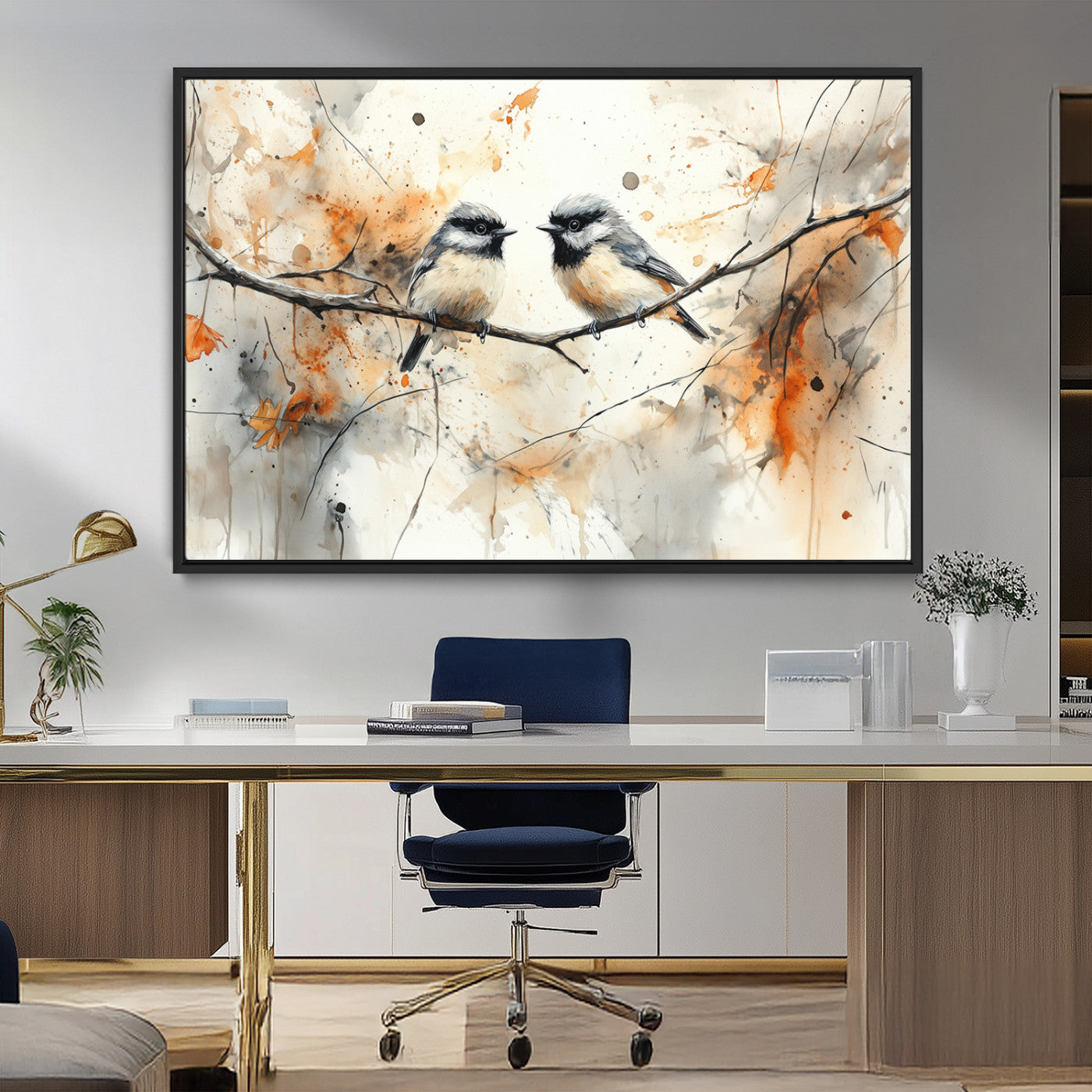 MGV-FC-36X24 - Abstract Watercolor Chickadee Bird Canvas Wall Art Print - Large Bird and Branch Wall Art, Modern