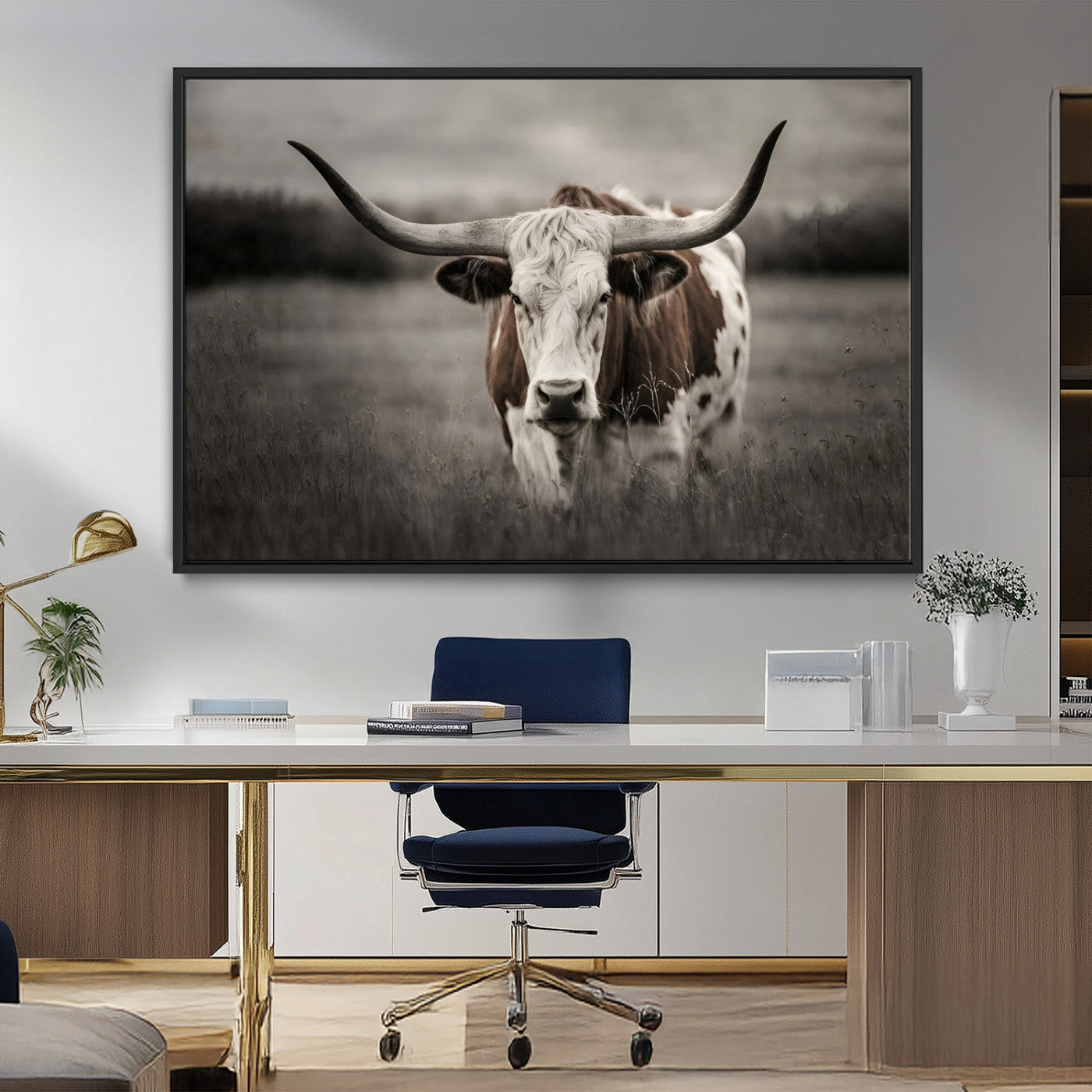 MGV-FC-36X24 - Texas Longhorn Cow Canvas Wall Art Print - Large Rustic Longhorn Art for Living Room, Western Wall