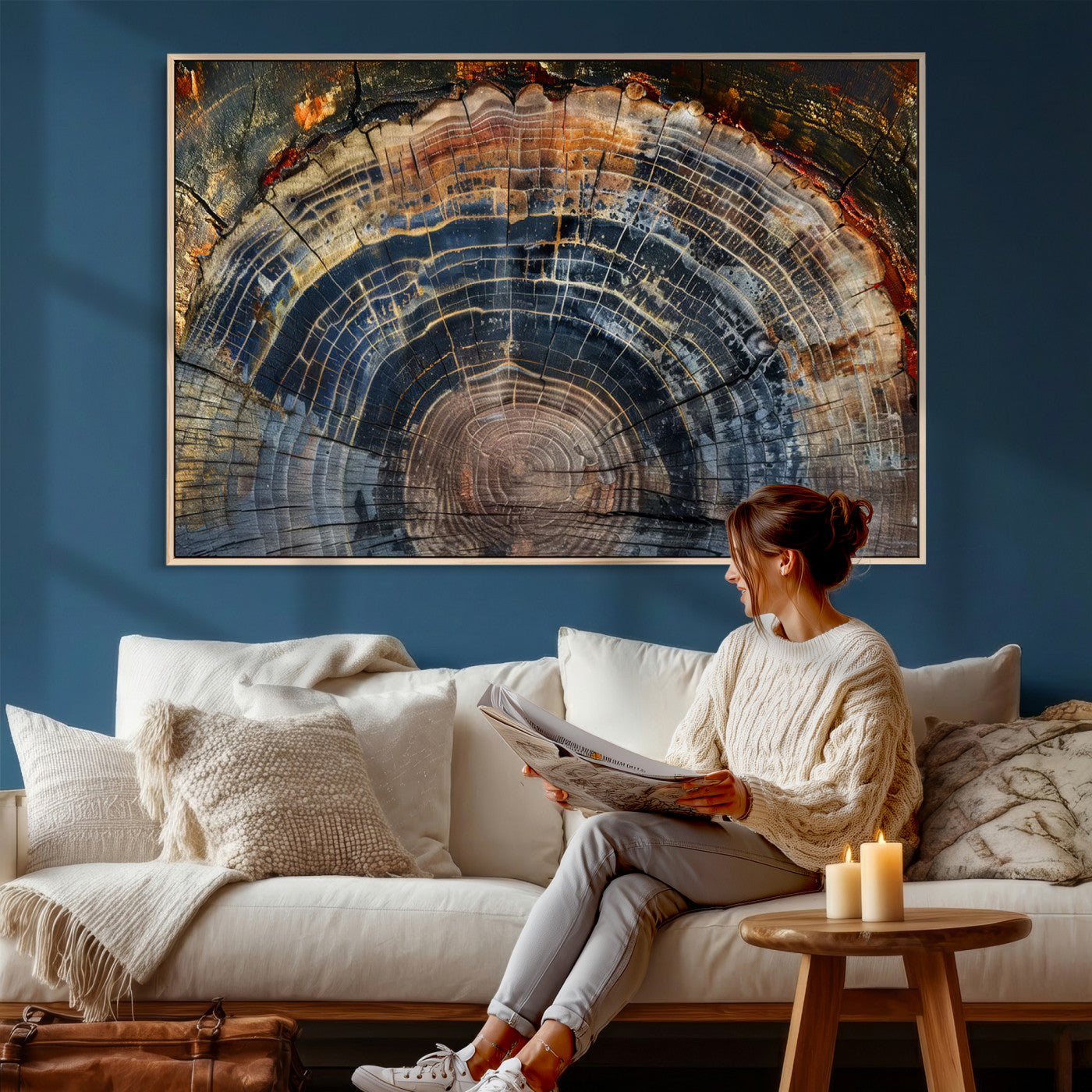 16193-MGV-CV-36X24 - Framed Wood Tree Ring Wall Art - Abstract Colorful Wood Ring Wall Decor for Minimalist Home Decor