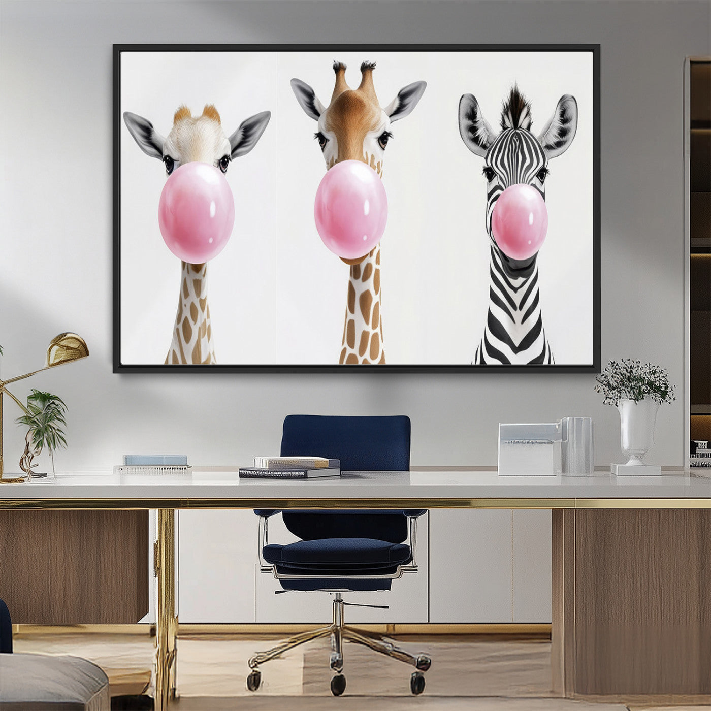 MGV-FC-36X24 - Bubblegum Animals Canvas Wall Art - Playful Giraffe and Zebra Trio, Fun Nursery Decor for Kids'