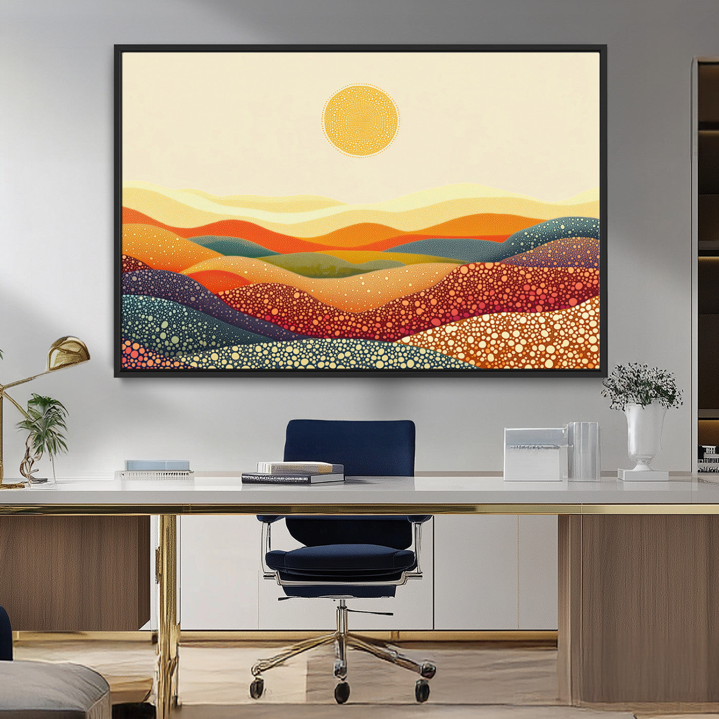 MGV-FC-36X24 - YAYOI KUSAMA Colorful Dot Art Landscape Canvas - Framed Abstract Pointillism Inspired by Nature with