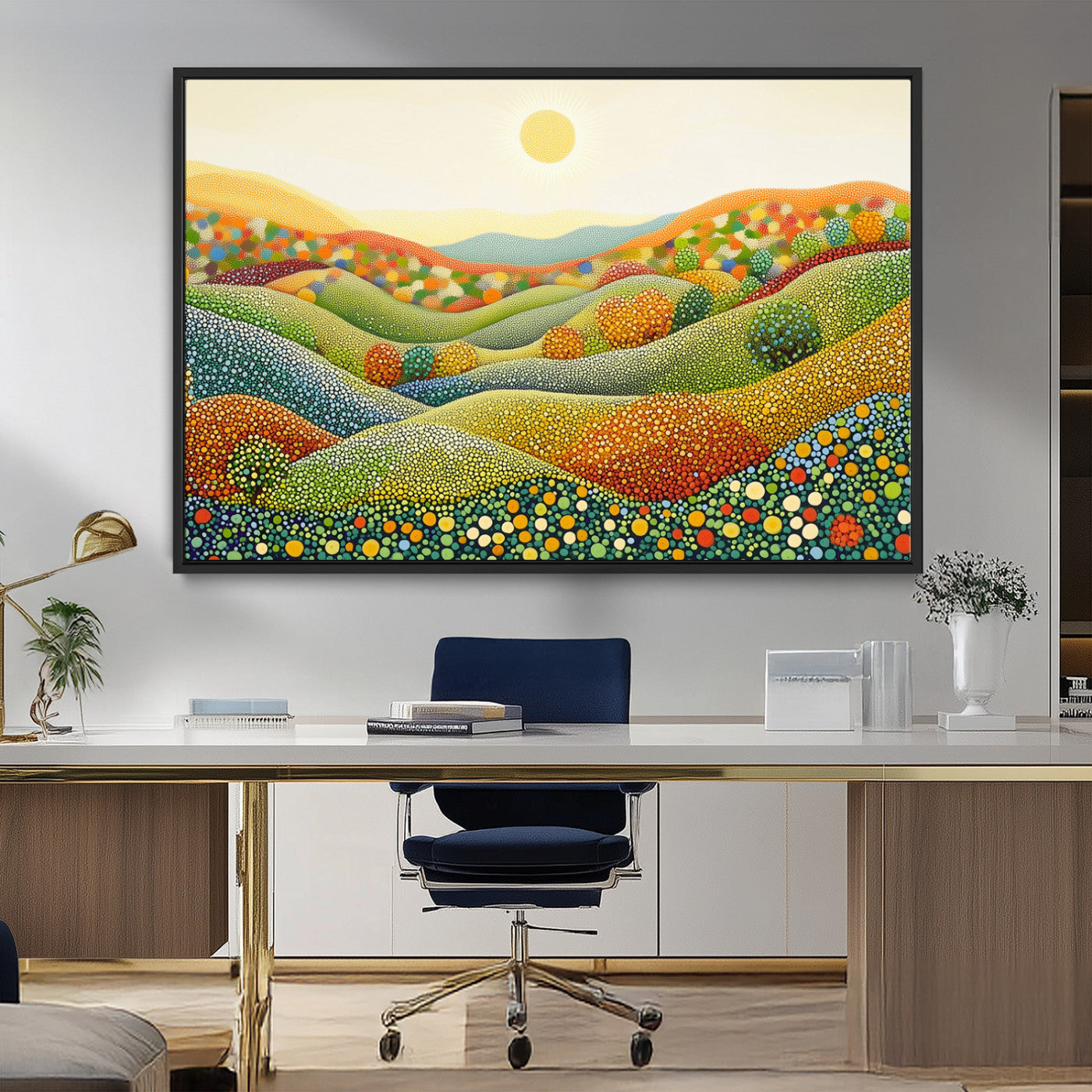 MGV-FC-36X24 - YAYOI KUSAMA Wall Art - Colorful Dot Art Landscape Canvas, Framed Japanese Dot Art