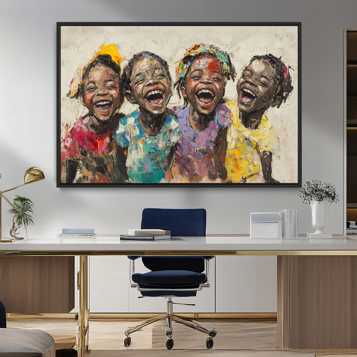 MGV-FC-36X24 - Shai Yossef style Joyful Childhood Canvas Wall Art - Expressive Impasto Painting of Black Children