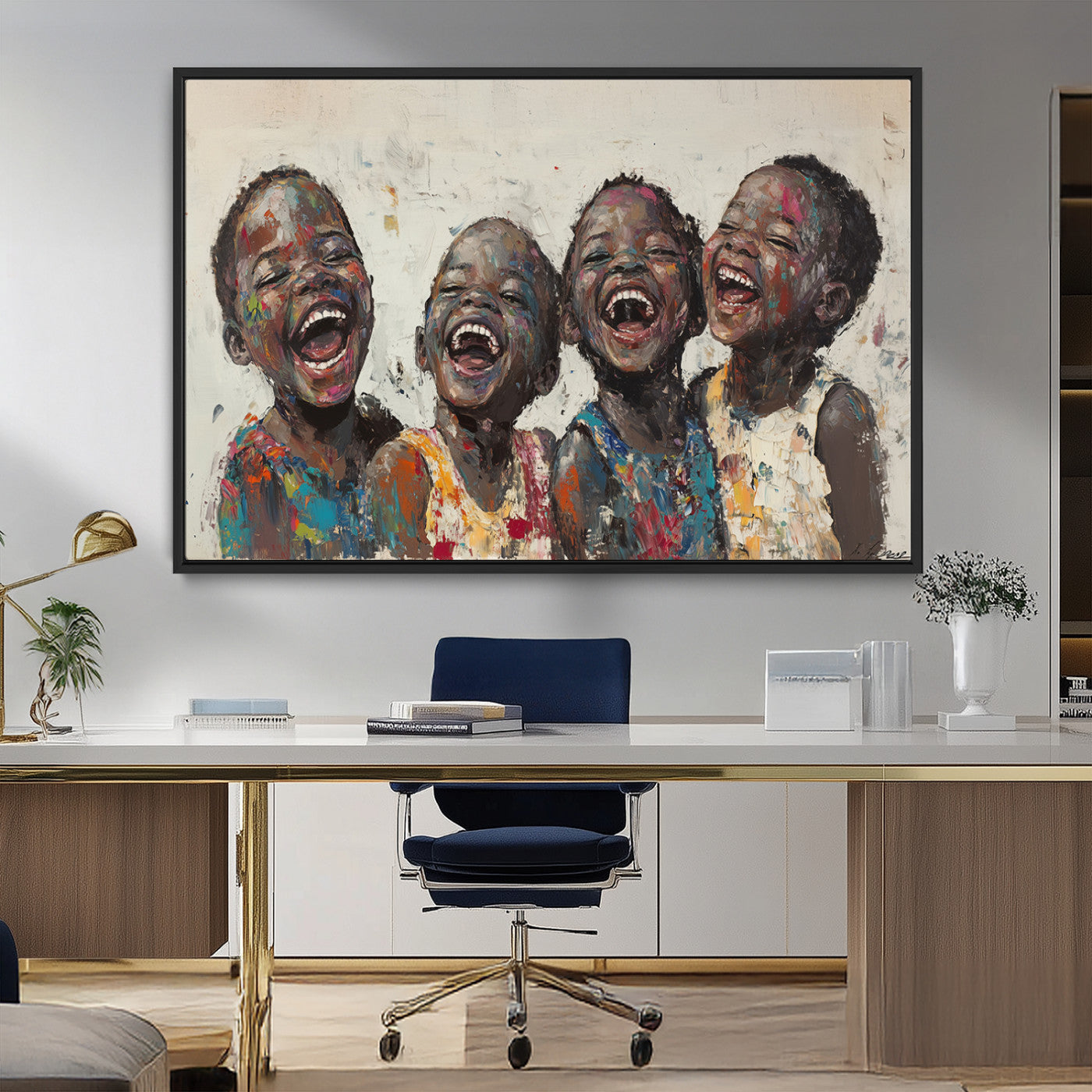85256-MGV-FC-36X24_Black-Shai Yossef Print - Joyful Childhood Canvas Wall Art - Expressive Impasto Painting of Laughing
