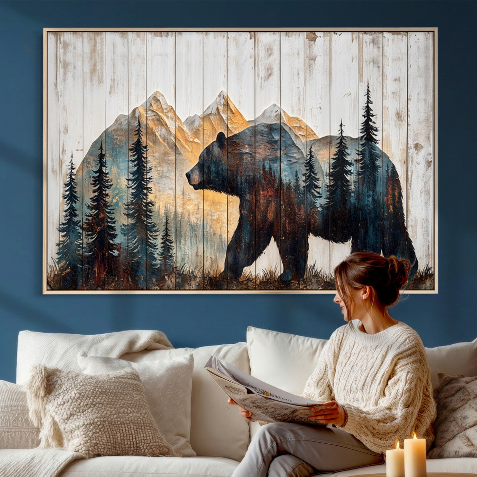 90077-MGV-CV-36X24 - Rustic Bear Wall Art - Grizzly 399 Bear Wall Art - Mountain Wood Canvas Wall Art - Nature Theme