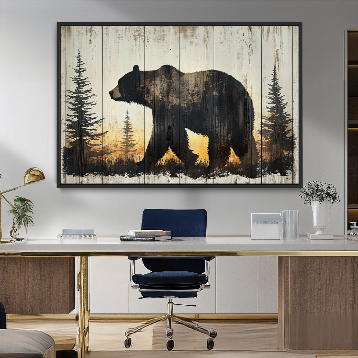 83875-MGV-FC-36X24_Black-Vintage Bear Wall Art Canvas Print for Farmhouse - Mountain Wood Canvas Wall Art - Forest Silhouette