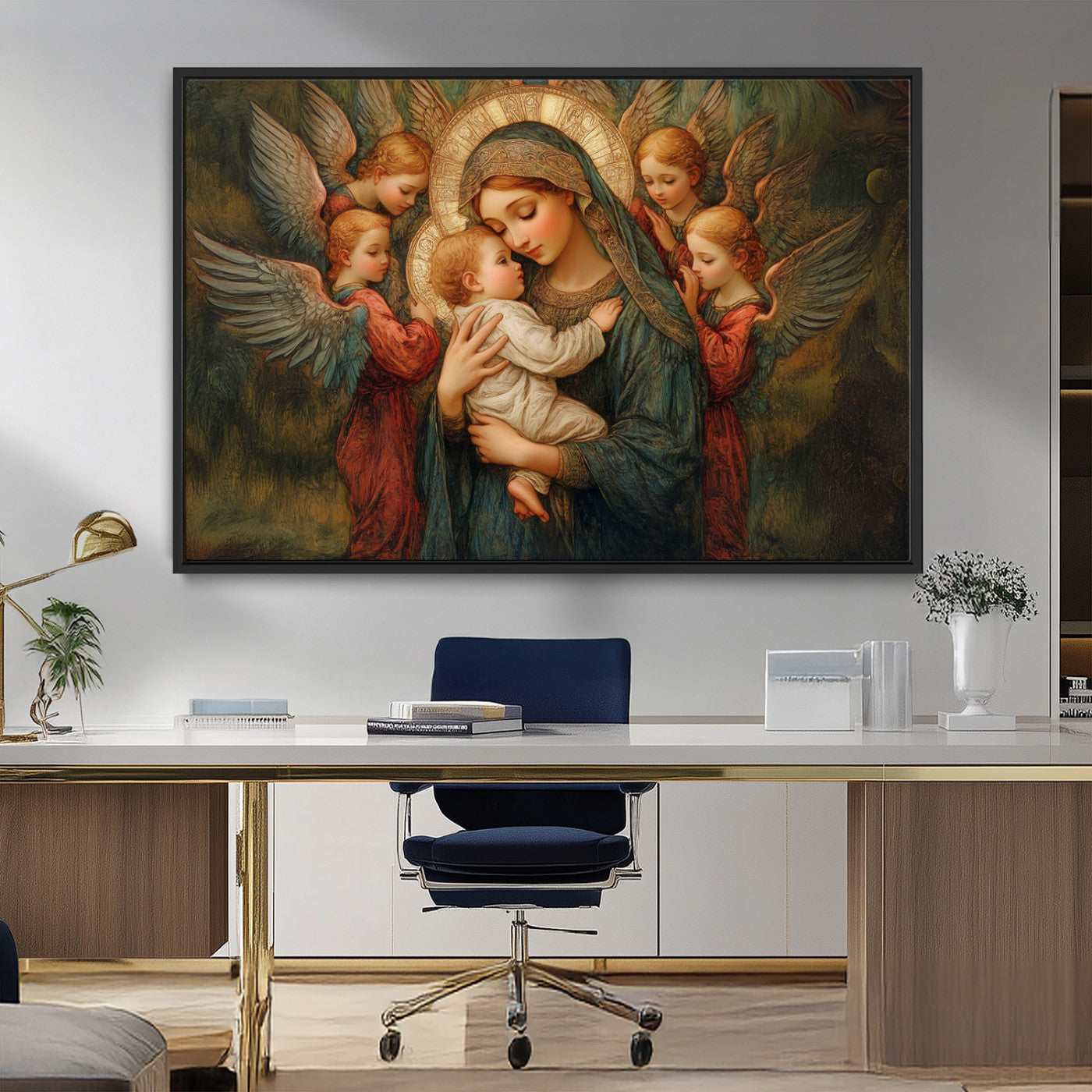 MGV-FC-36X24 - Mary Jesus Canvas Wall Art Print - Madonna and Child with Angels Art Print - Classic Christian