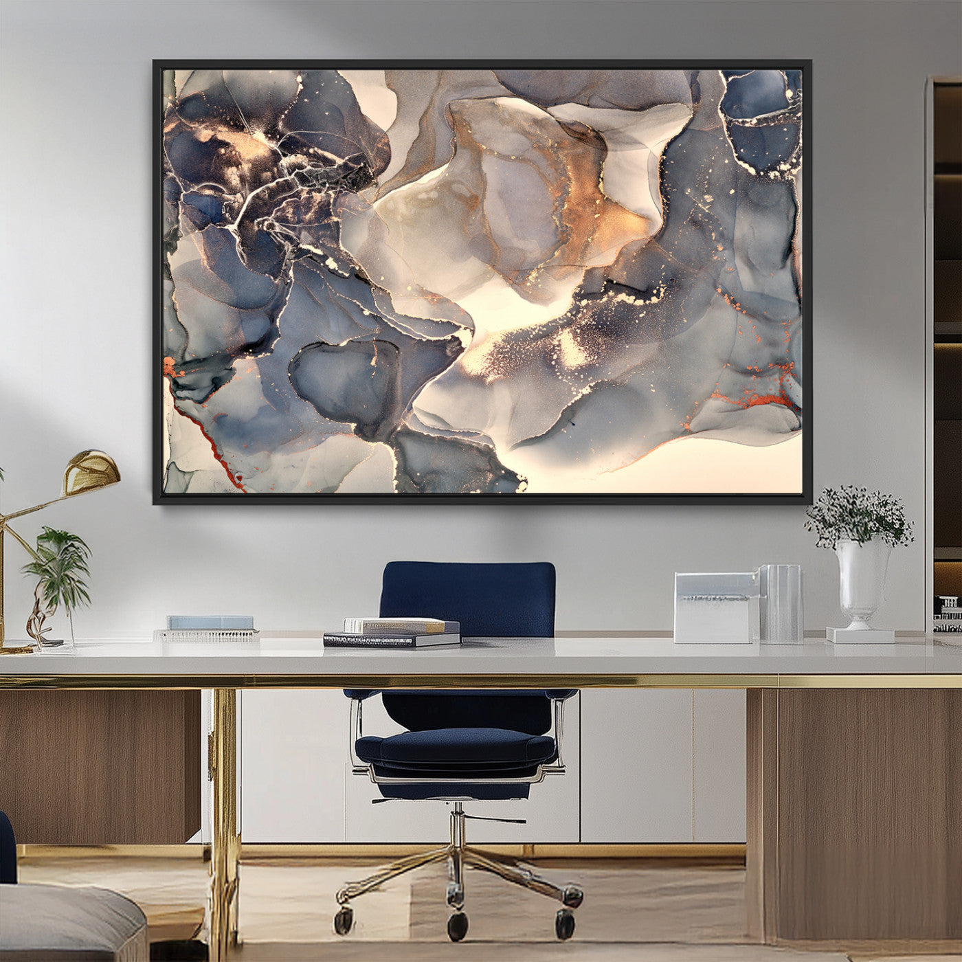 MGV-FC-36X24 - Abstract Blue and Gold Wall Art - Fluid Ink Artwork - Modern Luxury Wall Decor for Contemporary