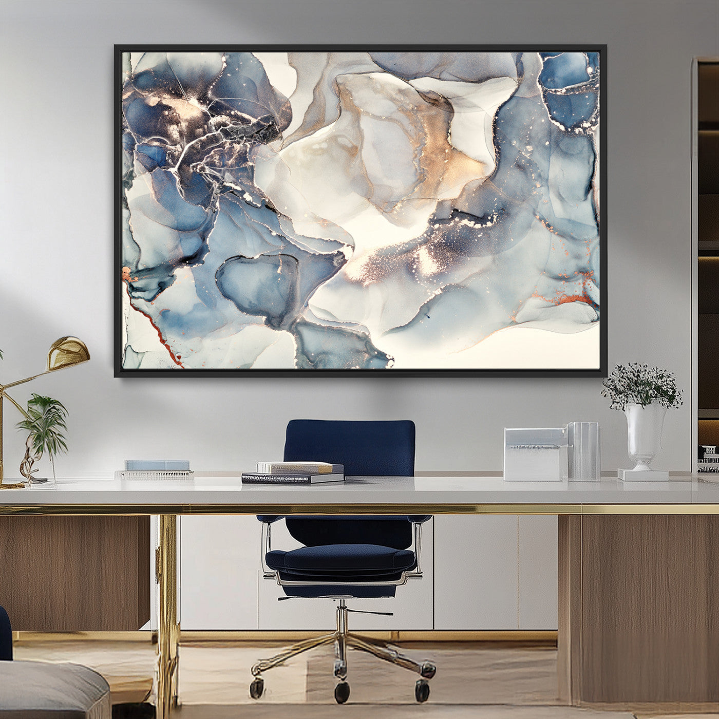 MGV-FC-36X24 - Abstract Blue and Gold Canvas Wall Art - Fluid Modern Ink Artwork - Modern Luxury Wall Decor for