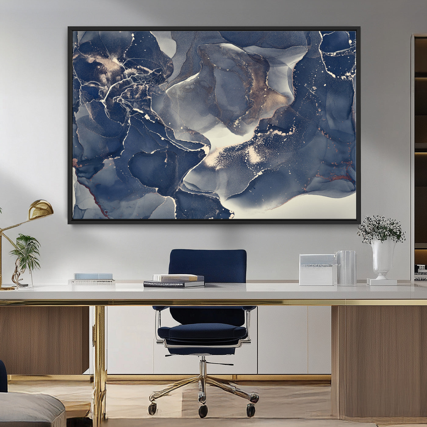 MGV-FC-36X24 - Large Abstract Blue and Gold Canvas Wall Art | Fluid Ink Artwork Print | Luxury Wall Decor for