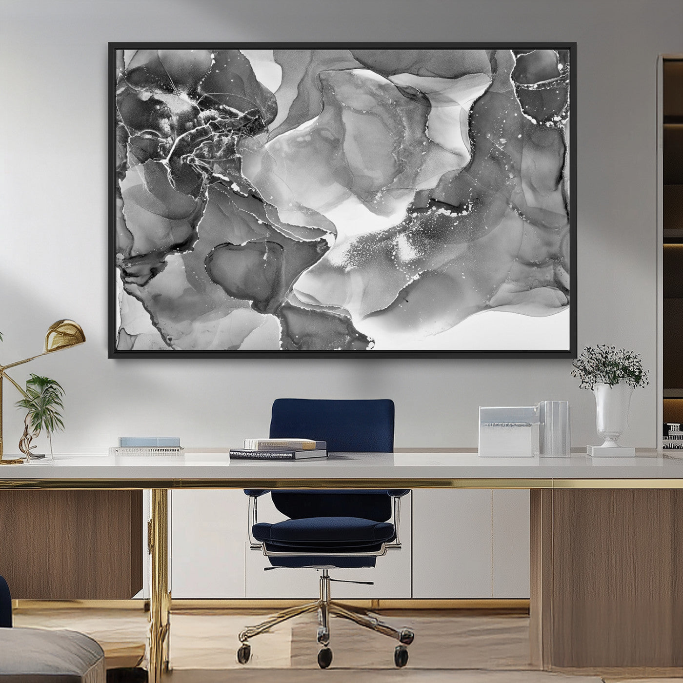 MGV-FC-36X24 - Black White Abstract Canvas Wall Art - Fluid Ink Artwork - Modern Luxury Wall Decor for Contemporary