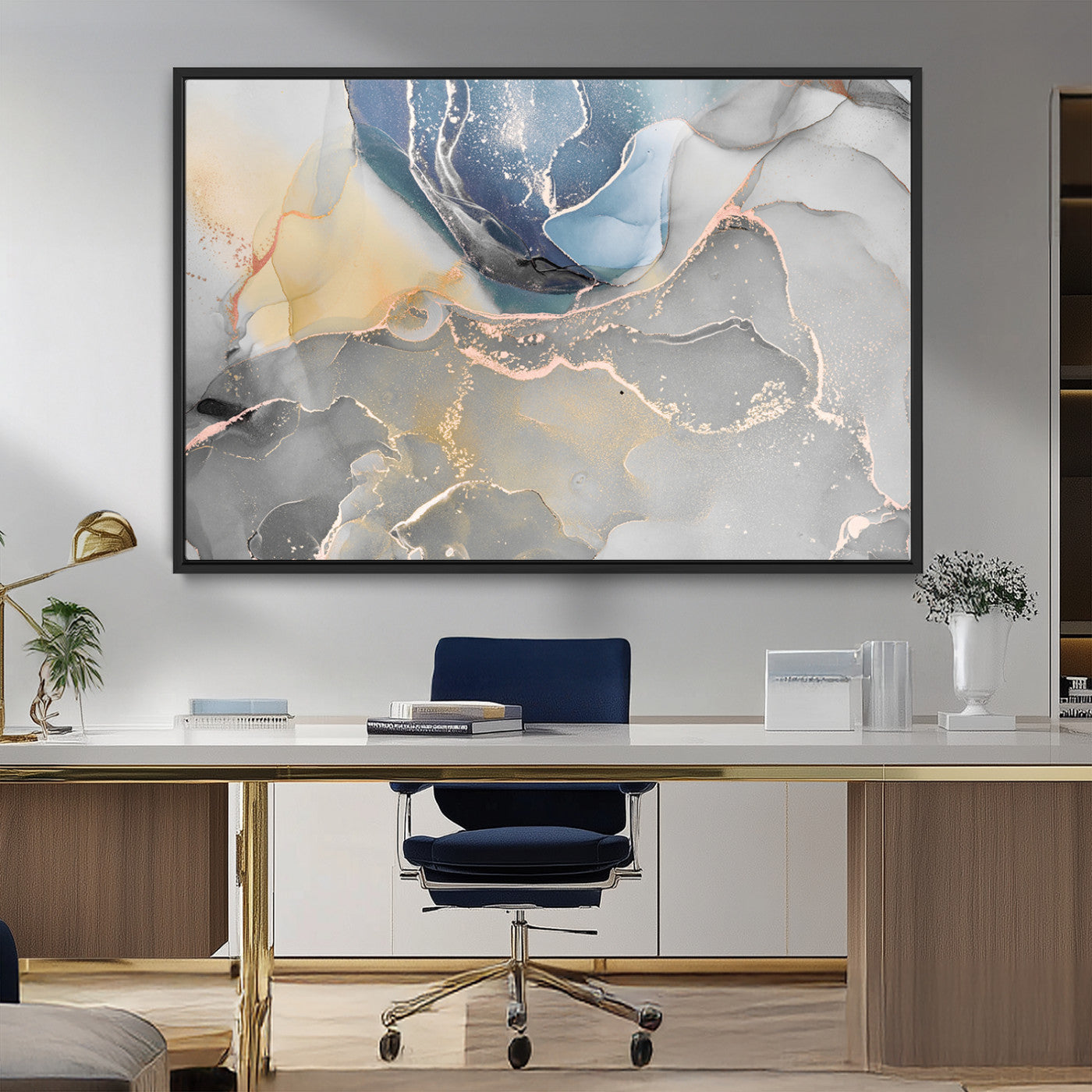 MGV-FC-36X24 - Large Abstract Blue and Gold Canvas Wall Art | Fluid Ink Artwork Print | Luxury Wall Decor for