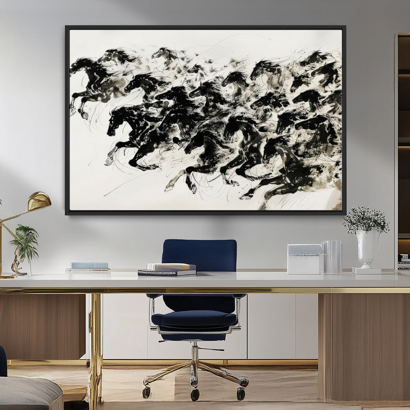 MGV-FC-36X24 - Abstract Horse Wall Art Canvas Print - Dynamic Black Ink Horse Print - Modern Equine Wall Decor for
