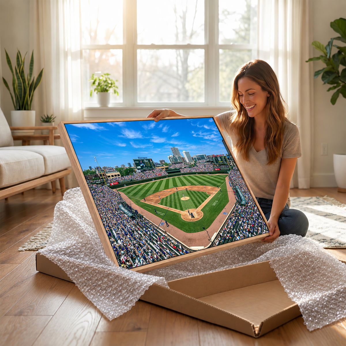 26064-MGV-CV-36X24 - Framed Wrigley Field Chicago Cubs Canvas Print – Panoramic Multi-Piece Iconic Baseball Stadium Wall Art for Home, Office