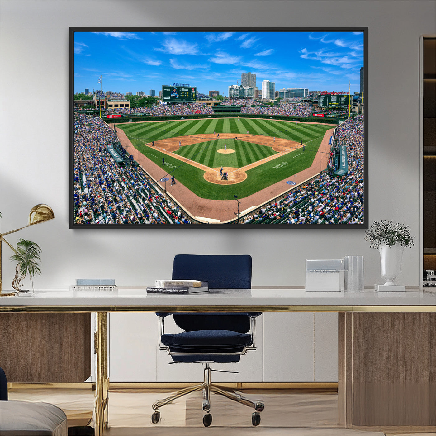 MGV-FC-36X24 - Framed Wrigley Field Chicago Cubs Print, Panoramic Multi Piece Canvas Wall Art - Iconic Baseball